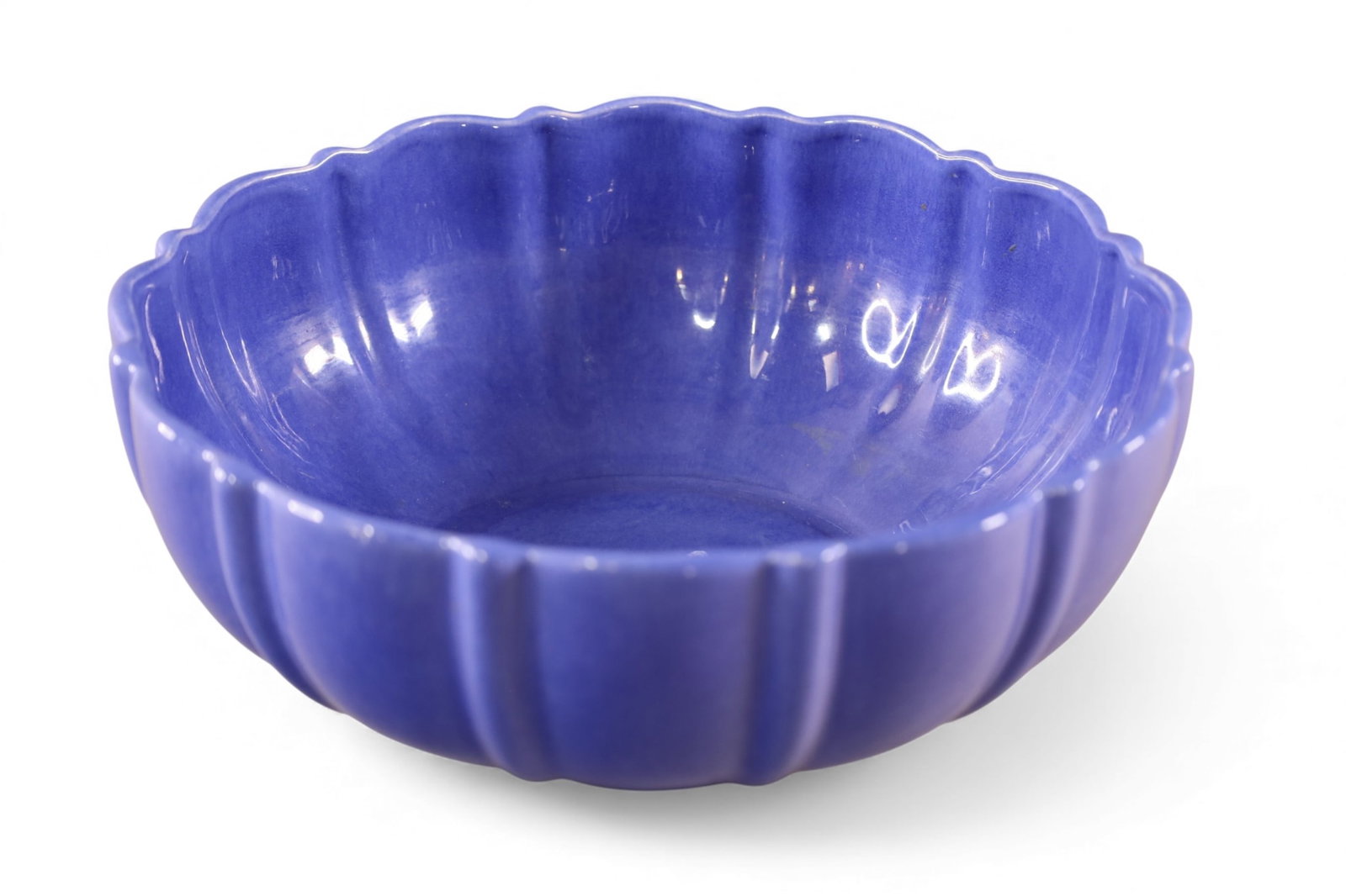 CATALINA "SUNKIST" CENTER BOWL: CATALINA POTTERY, BLUE GLAZED CENTER OR SALAD BOWL, MADE FOR SUNKIST. 10" DIAM x 3 1/2" H.