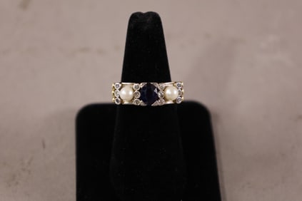 MENS 14K, DIAMOND, SAPPHIRE, AND PEARL RING