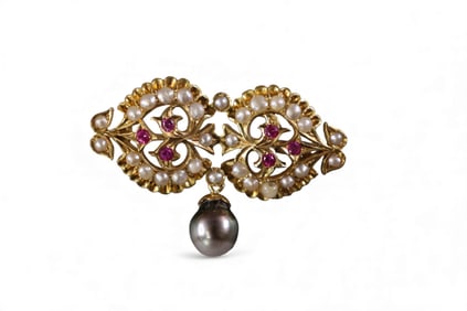 9K GOLD, PEARL, AND RUBY BROACH