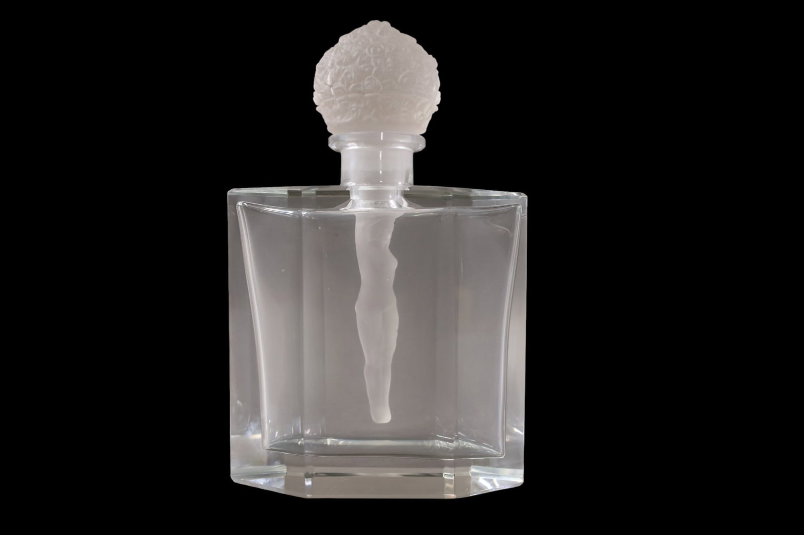 HOFFMAN PERFUME: LARGE CRYSTAL PERFUME BOTTLE, WITH FROSTED NUDE STOPPER, UNMARKED HOFFMAN. 8" H.