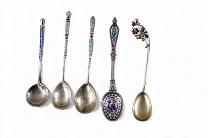 5 STERLING AND ENAMEL SPOONS