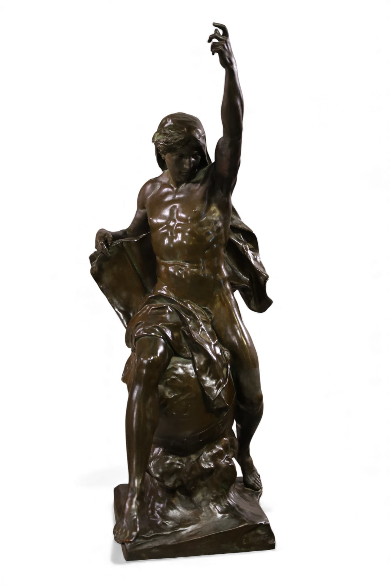 EMILE LOUIS PECAULT BRONZE: TITLED, TOWARDS THE LIGHT, EMILE LOUIS PECAULT BRONZE SCULPTURE. SIGNED ON LOWER FRONT. 36 1/2" H. THIS ITEM EXCEEDS SIZE LIMITATIONS FOR IN HOUSE SHIPPING, IT MUST BE PICKED UP IN HOUSE OR SHIPPED VI