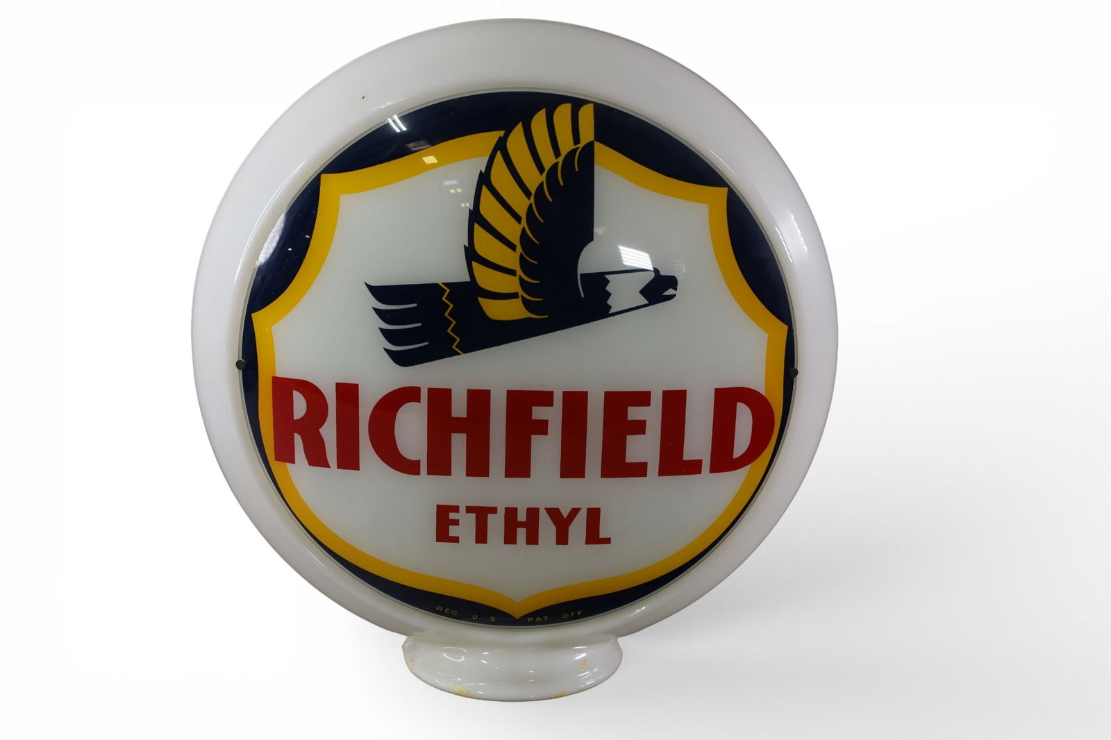 RICHFIELD ETHYL GLOBE: RICHFIELD ETHYL GASOLINE GLOBES IN ORIGINAL MILK GLASS BODY. PAIR OF ORIGINAL RICHFIELD LENSES IN BODY. 16" DIAM 15" DIAM LENS.