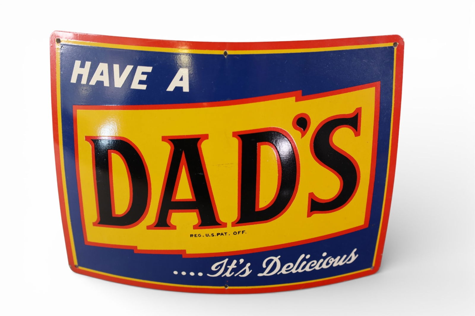DAD'S ROOT BEER CURVED TIN SIGN: DAD'S ROOT BEER TIN SIGN, CURVED TIN SIGN. 9" W.