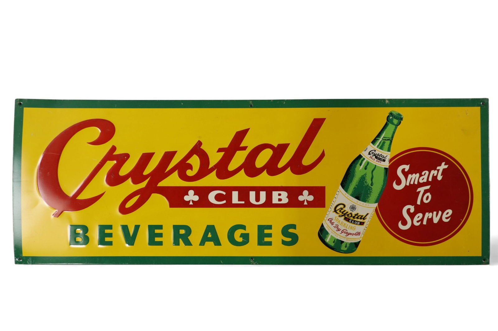 CRYSTAL CLUB SODA SIGN: SINGLE SIDED TIN, CRYSTAL CLUB SODA BEVERAGE SIGN. 28" x 10"