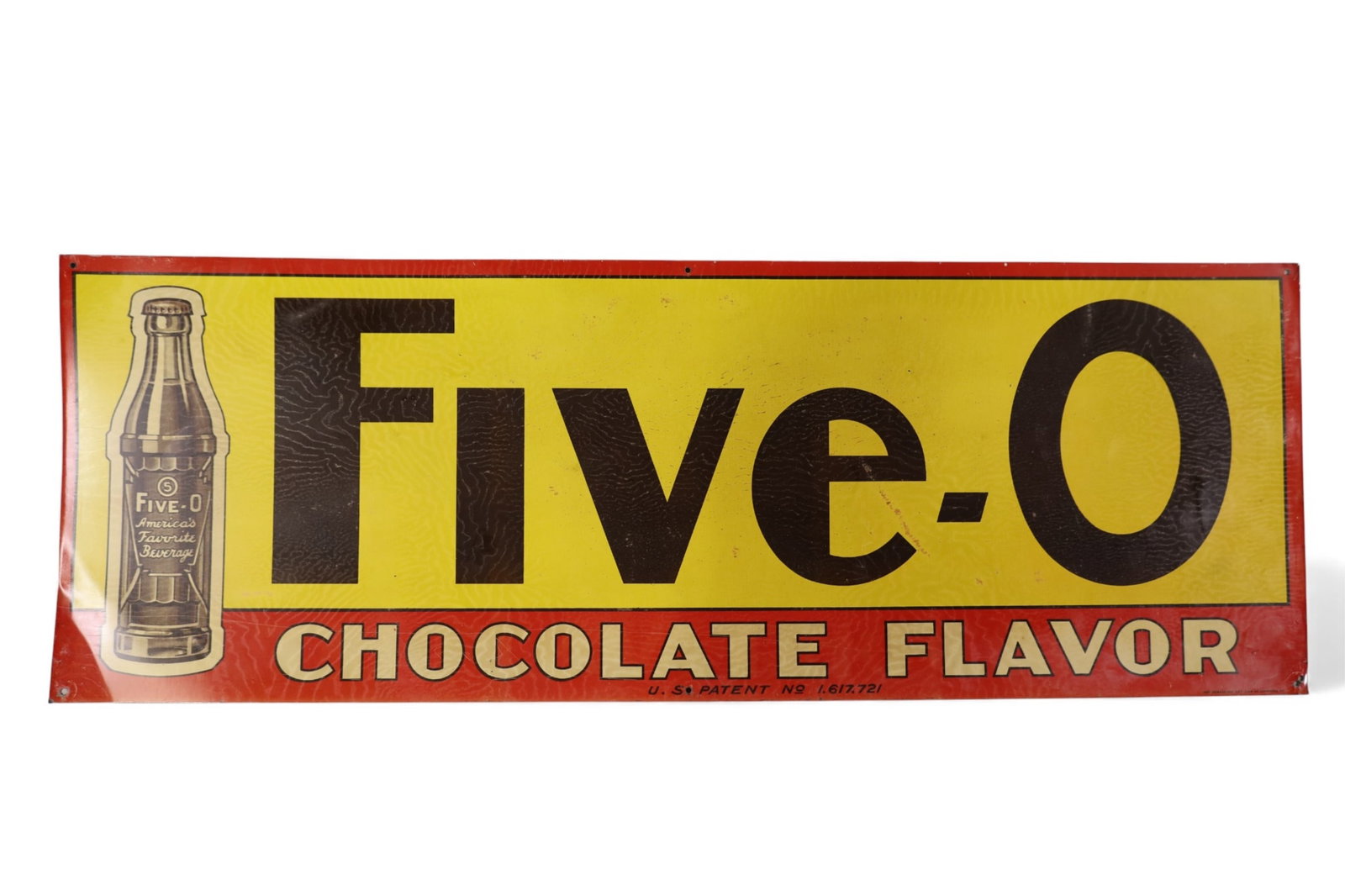 FIVE-O SODA SIGN: DOUBLE SIDED PAINTED METAL FIVE-O CHOCOLATE SODA SIGN. 28" x 10"