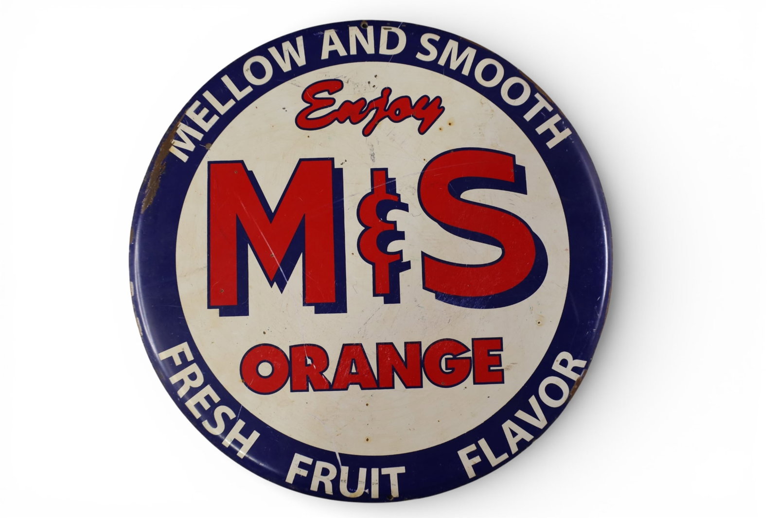 M&S ORANGE SIGN: PAINTED METAL FRESH ORANGE SIGN. 10 DIAM.