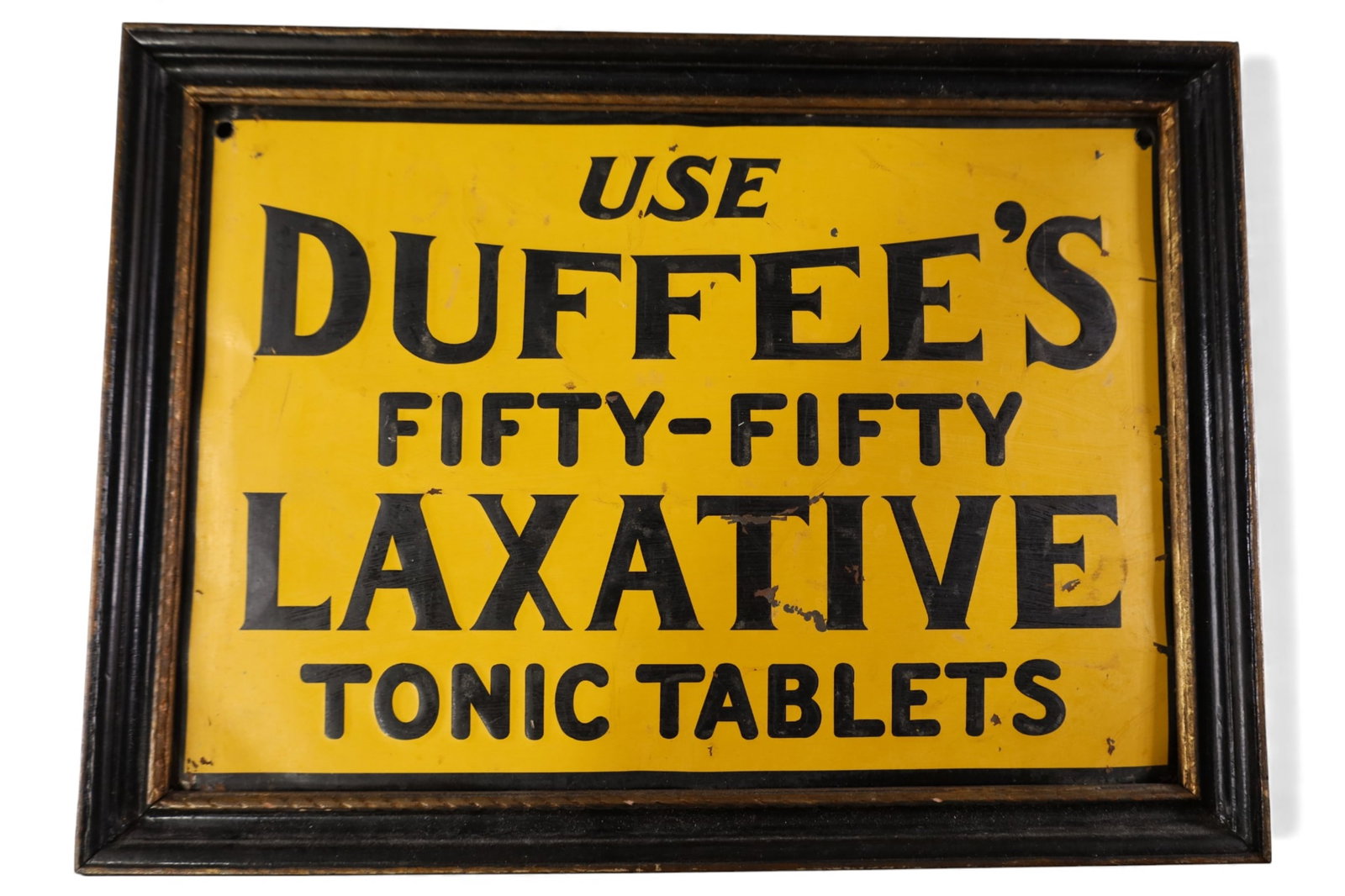 DUFFEY'S LAXATIVE TIN SIGN: DUFFEY'S LAXATIVE TIN SIGN IN FRAME. 15" x 11"
