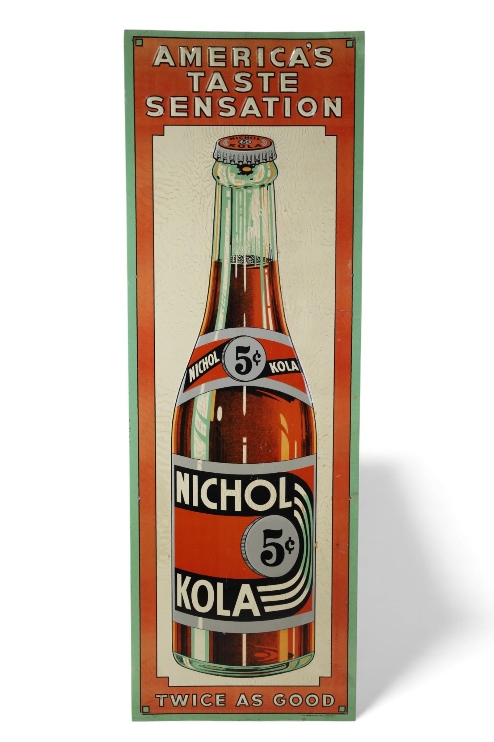 NICHOL KOLA TIN SIGN: EMBOSSED SINGLE SIDED TIN NICHOL KOLA SIGN, THE PARKER CO. 12" x 36"