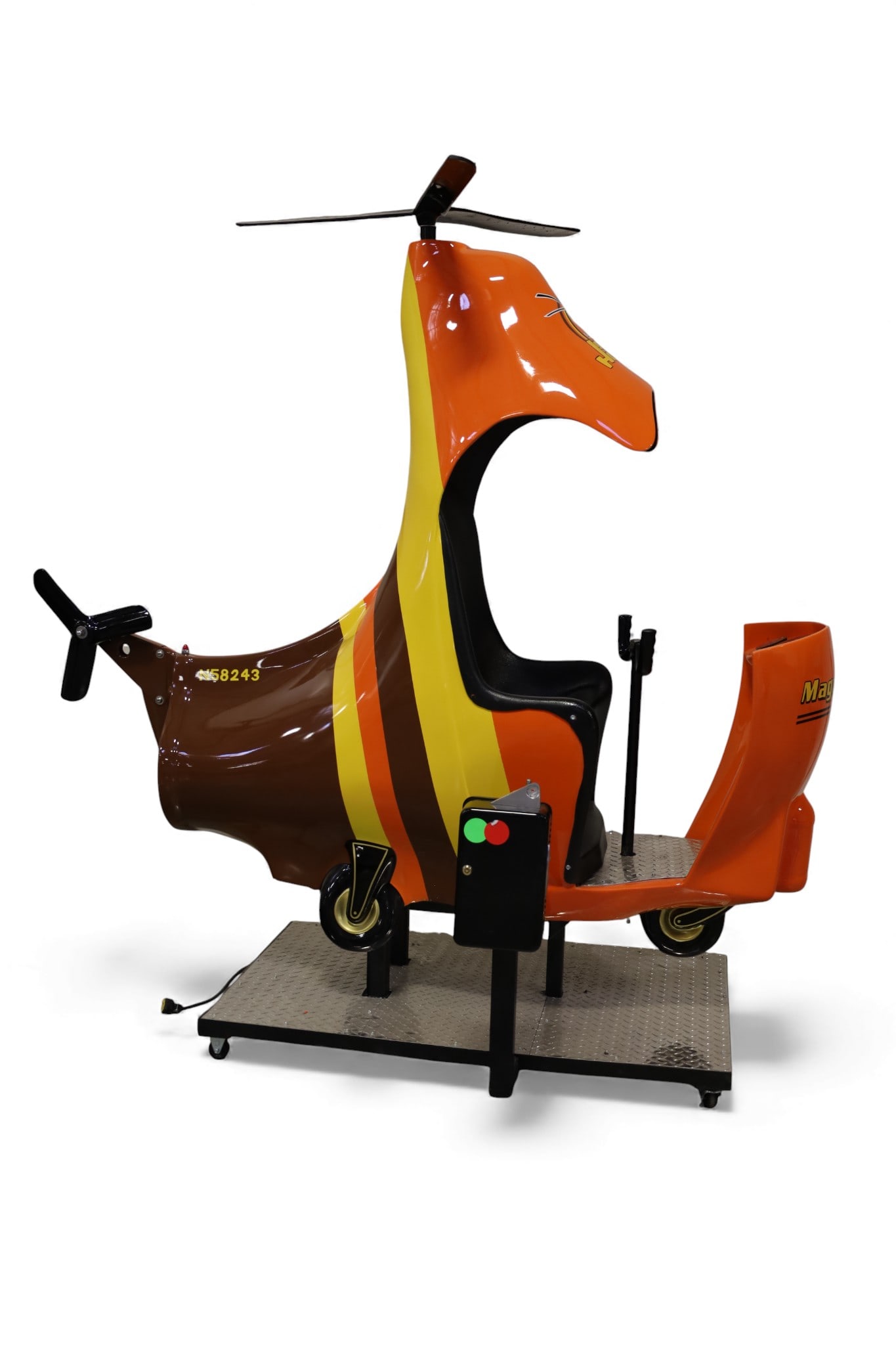 HELICOPTER KIDDIE RIDE: COIN OP HELICOPTER KIDDIE RIDE, RESTORED FOR MAGNUM P.I. WORKING CONDITION, 81" W x 31" D x 70 H. THIS ITEM EXCEEDS SIZE LIMITATIONS FOR IN HOUSE SHIPPING, IT MUST BE PICKED UP IN HOUSE OR 