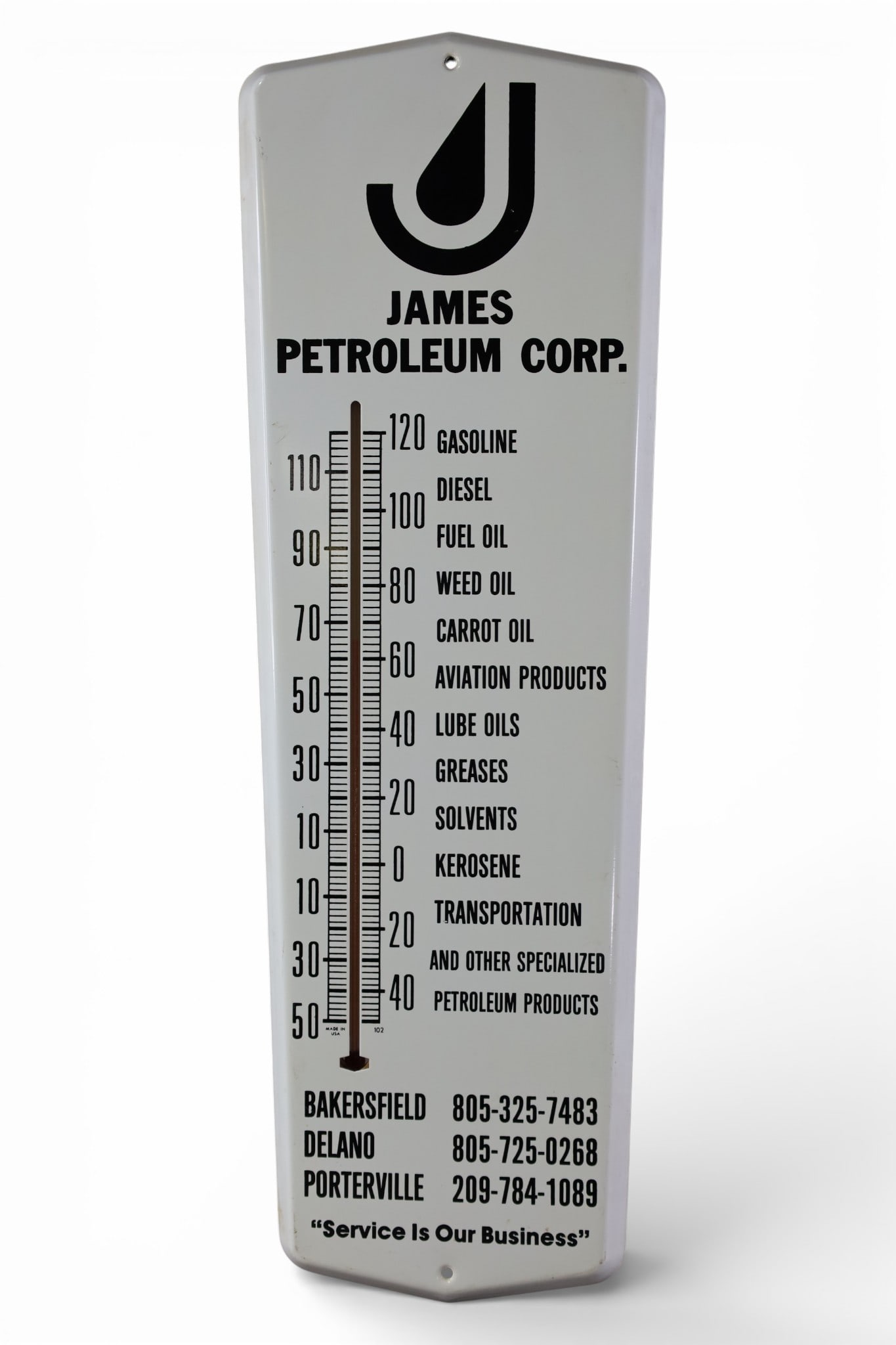 JAMES PETROLIUM CORP THERMOMETER: JAMES PETROLEUM CORP. THERMOMETER, 8" x 24"