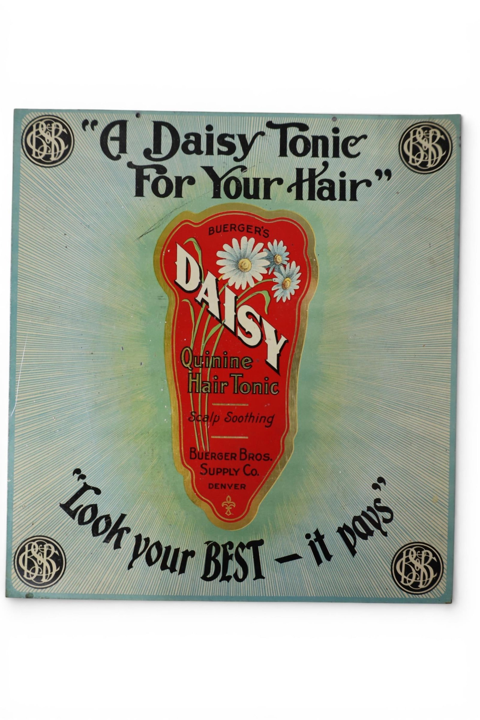DAISY TONIC SIGN: SINGLE SIDED METAL DAISY HAIR TONIC SIGN, 9" x 10"
