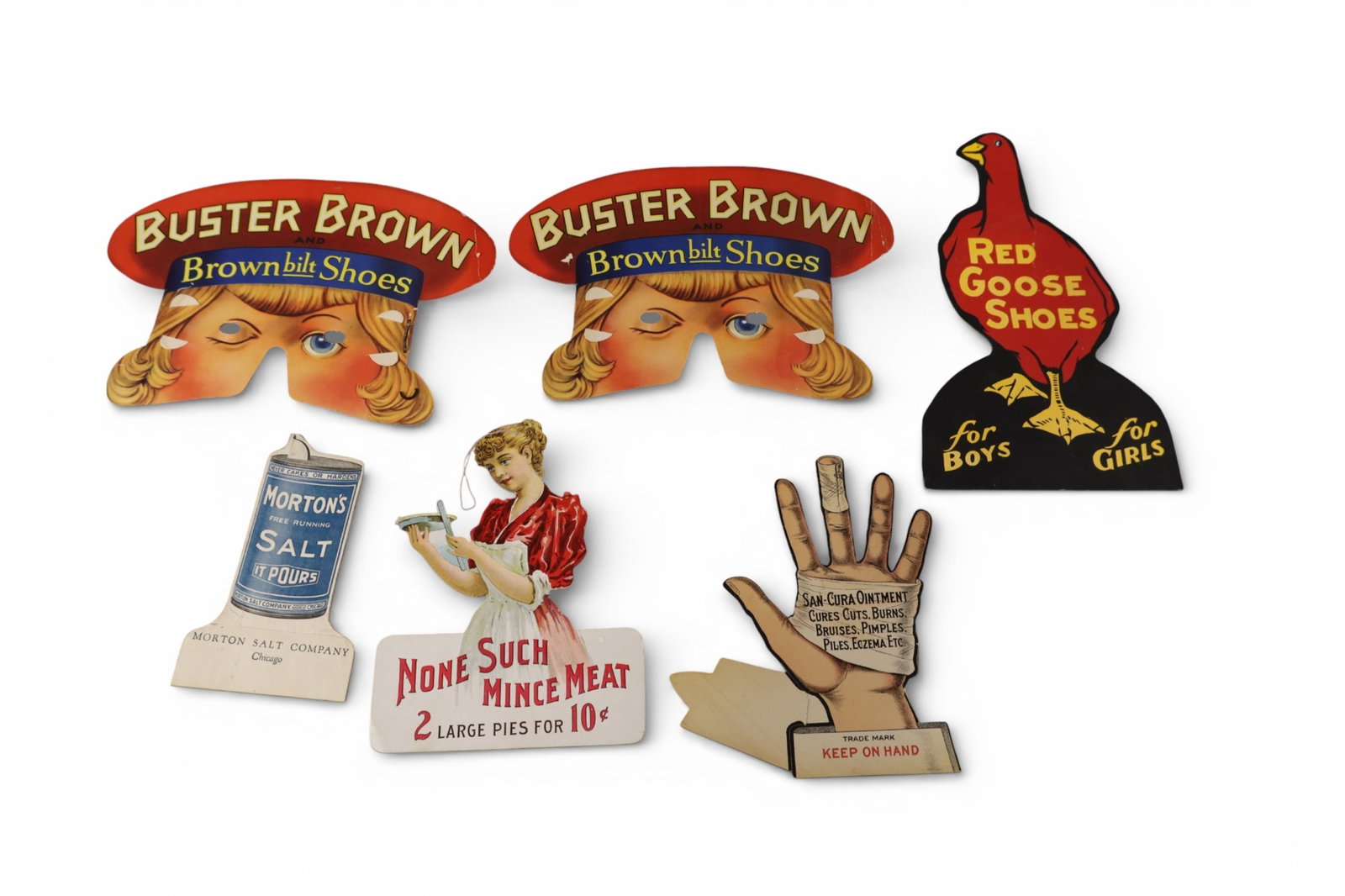 6 CARDBOARD AD: BUSTER BROWN, RED GOOSE SHOES, MORTINS SALT, AND MORE