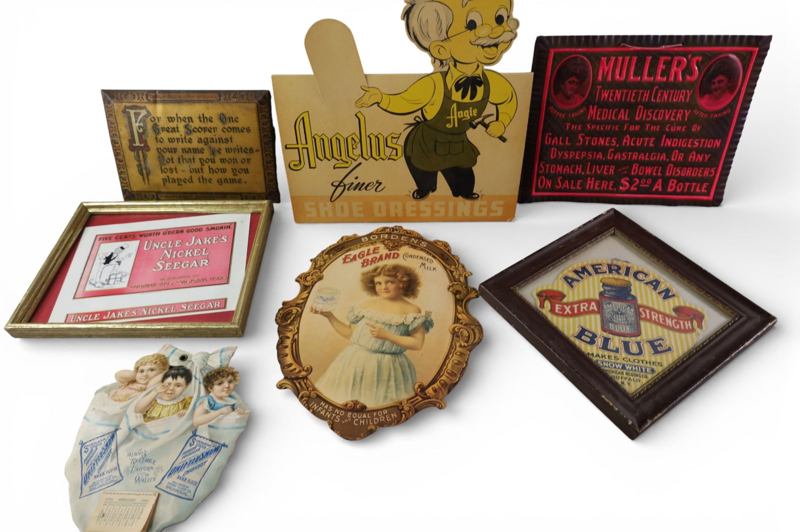 COLLECTION OF MISC ADS.: ANGELUS SHOE DRESSING, BORDENS MILK, AND MORE.