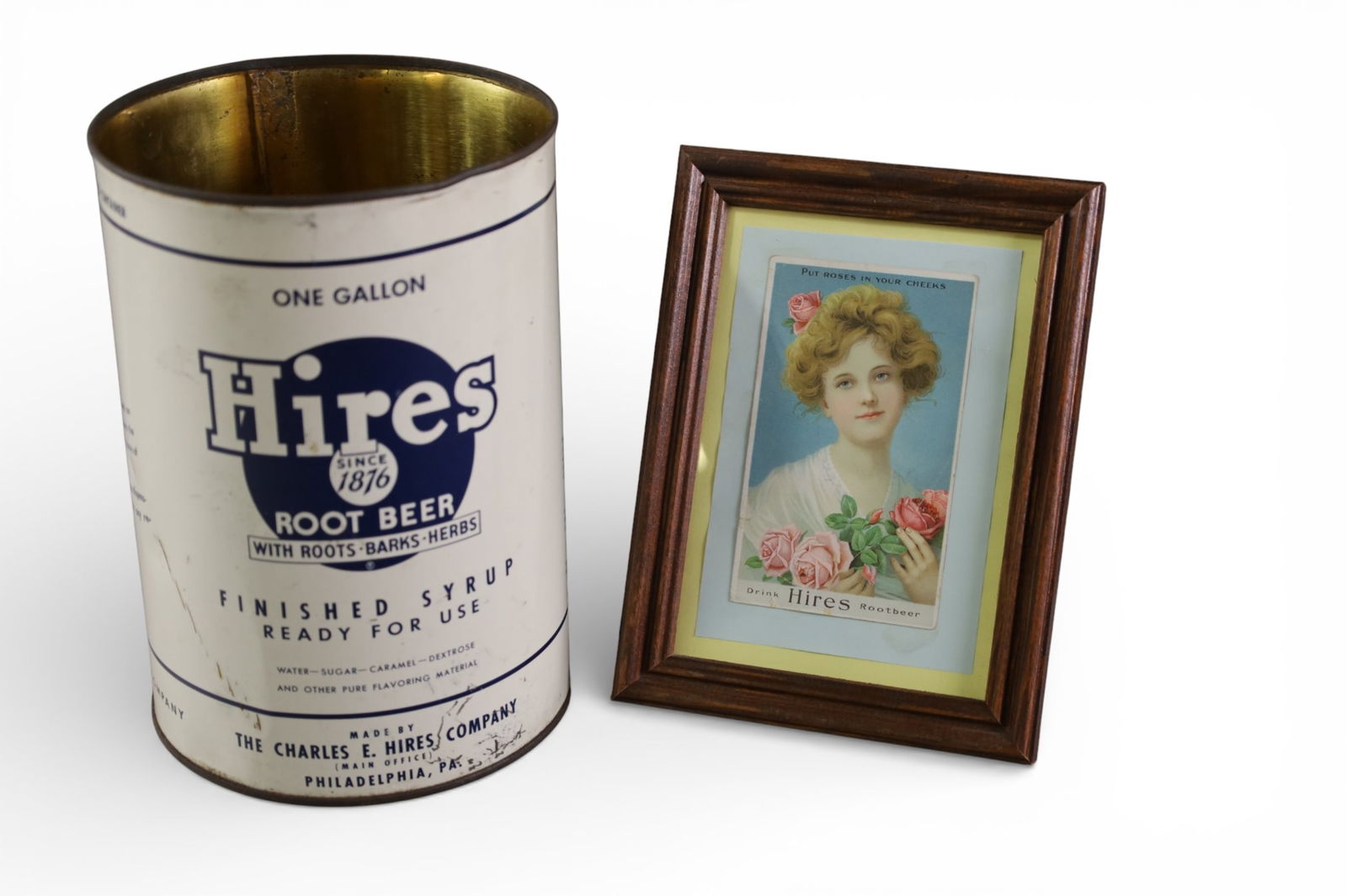 2 HIRES ROOT BEER ADS: HIRES ROOT BEER ADS, GALLON SYRUP CAN, POSTCARD.