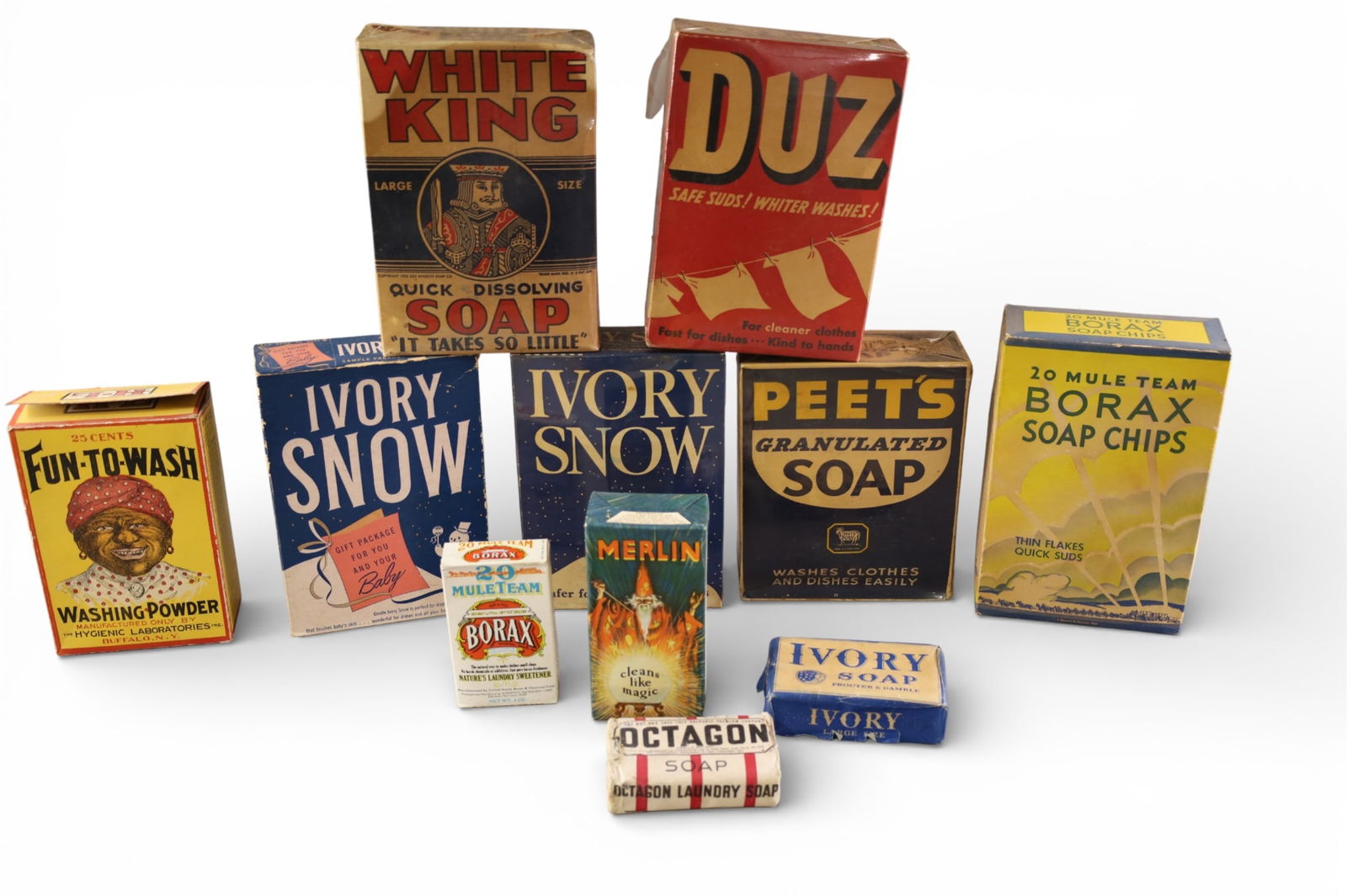 11 SOAP CONTAINERS: MOSTLY CARDBOARD, IVORY, BORAX, DUZ AND MORE.