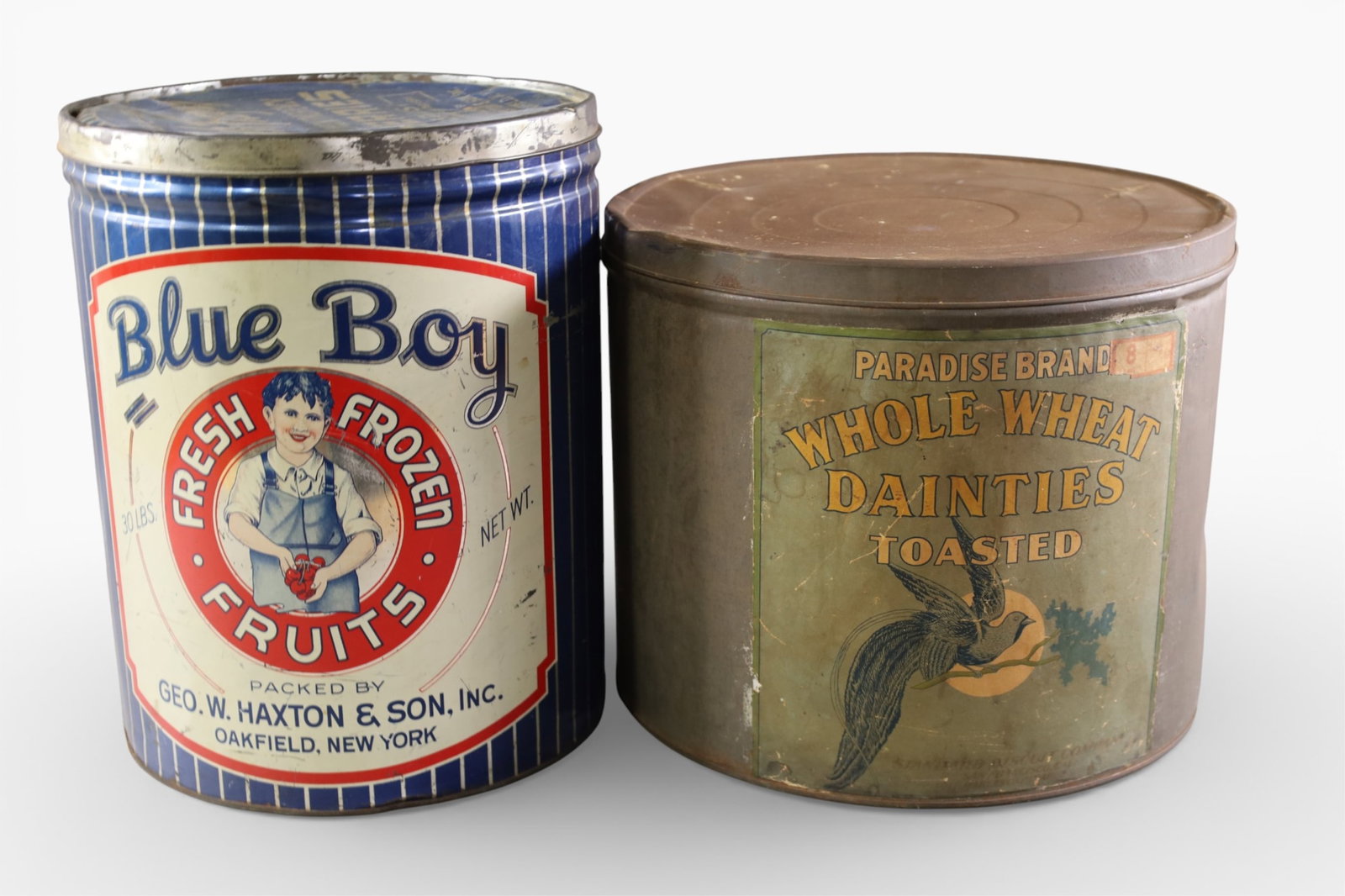 2 FOOD TINS: BLUE BOY FROZEN FRUITS, & PARADISE WHEAT TINS.