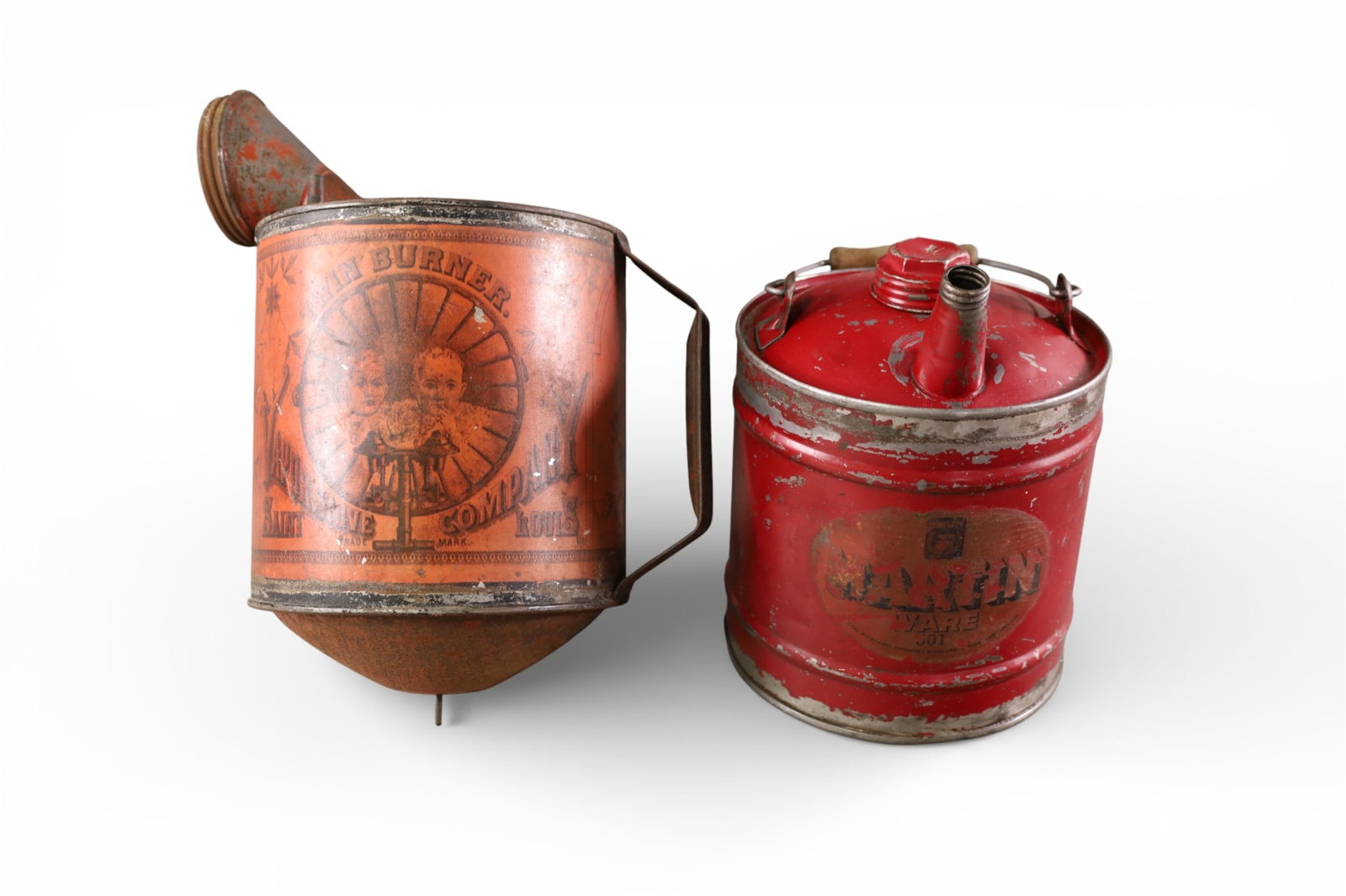 2 TINS: TWIN BURNER VAPOR STOVE TIN & MATINWARE KEROSENE TIN.