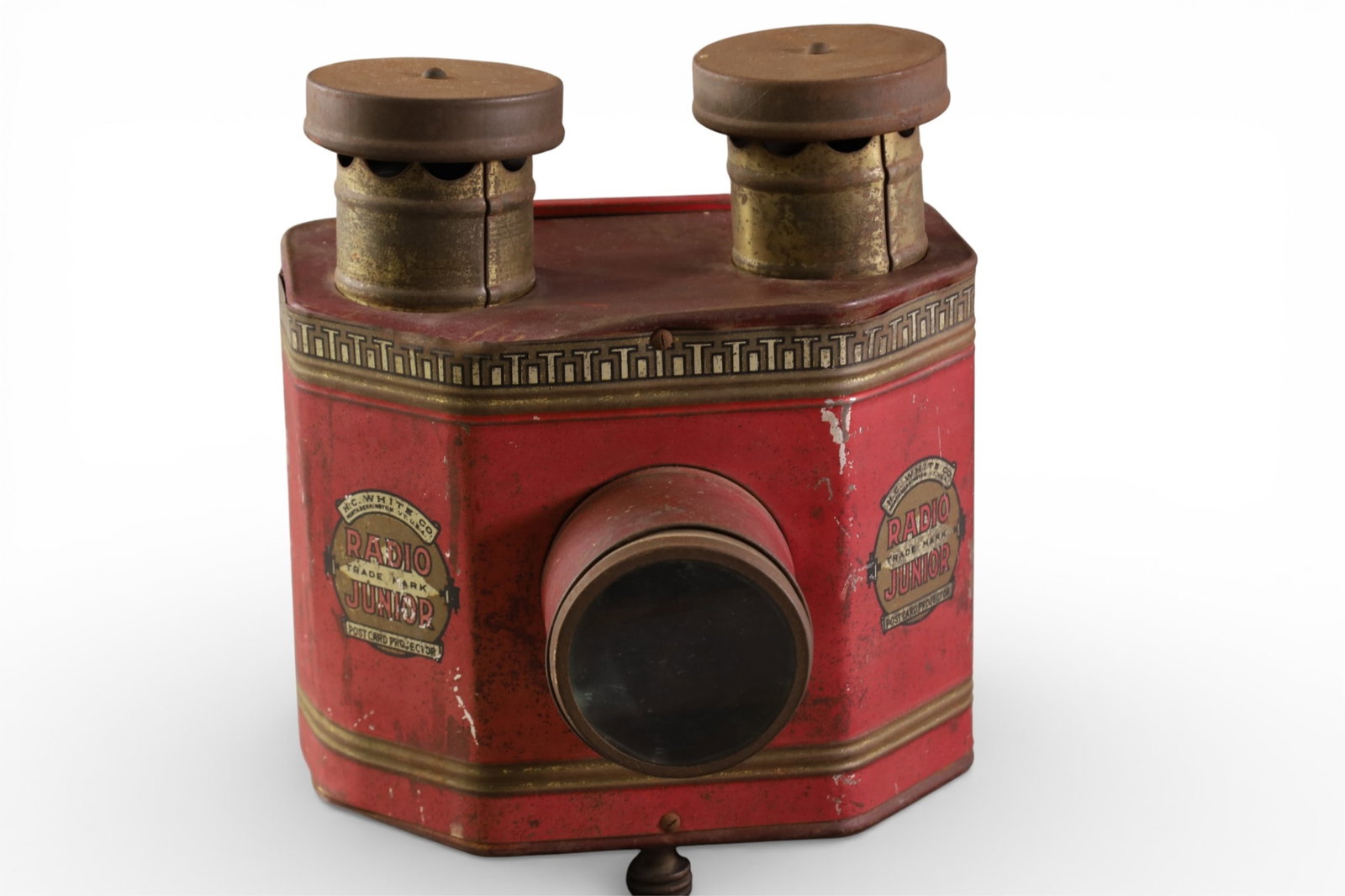 RADIO JR. POSTCARD PROJECTOR: TIN LITHO POSTCARD PROJECTOR, RUST. 9" W X 1!" H.