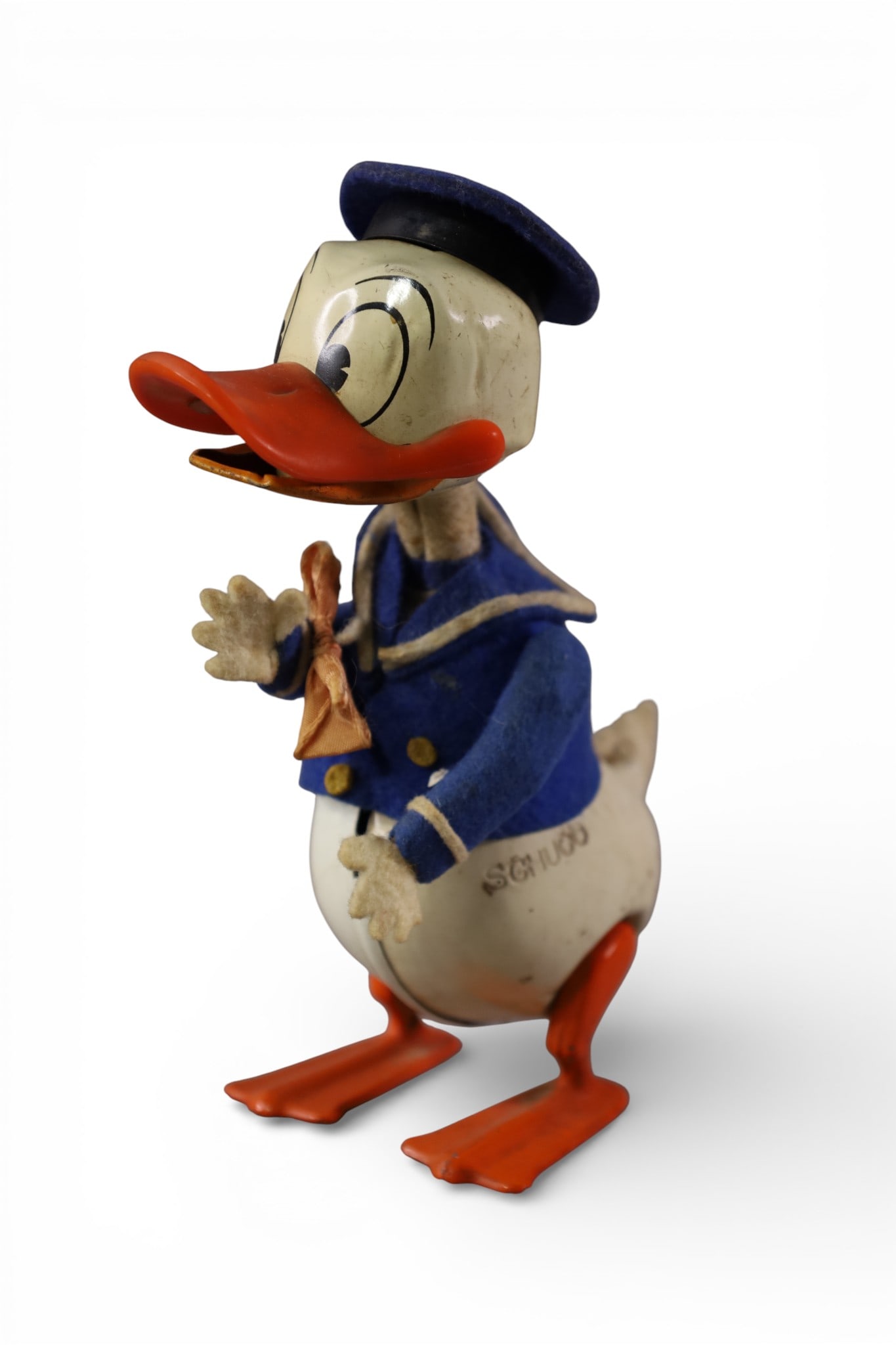 SCHUCO DONALD DUCK: SCHUCO TIN LITHO DONALD DUCK, KEY WIND, MISSING KEY. 6" H.