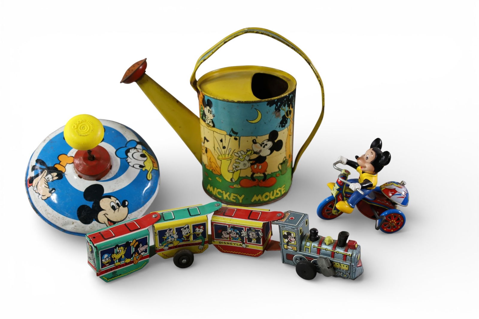 VINTAGE DISNEY TOYS: TOP, FIGURES, WATERING CAN, 4" - 12" H.