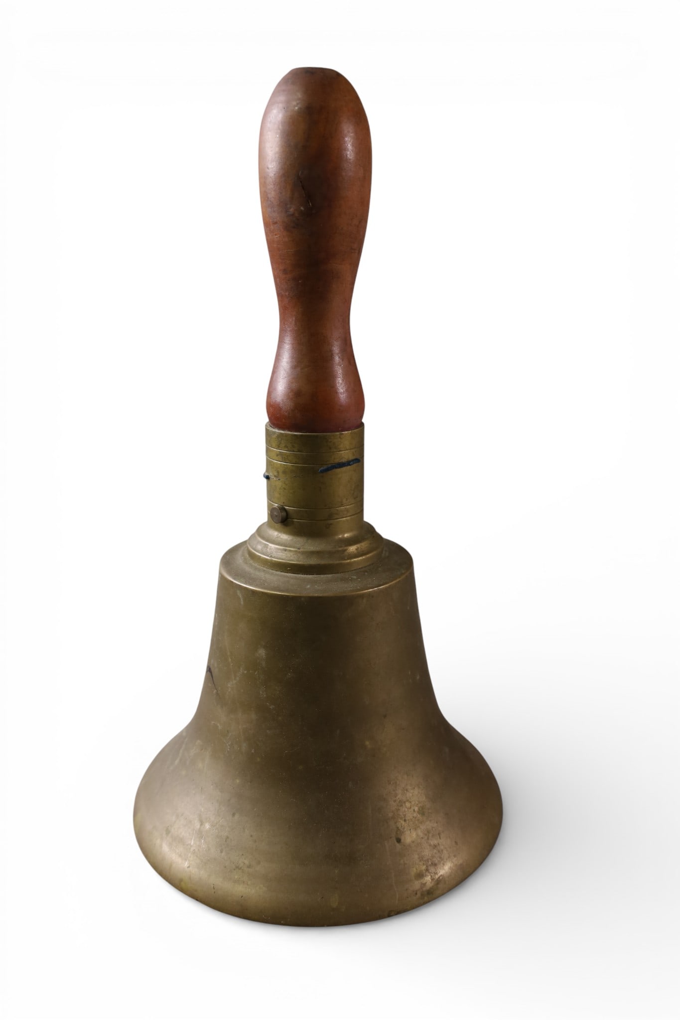 SCHOOL BELL: BRASS AND WOODEN HANDLE SCHOOL BELL, NO CLAPPER. 11" H.