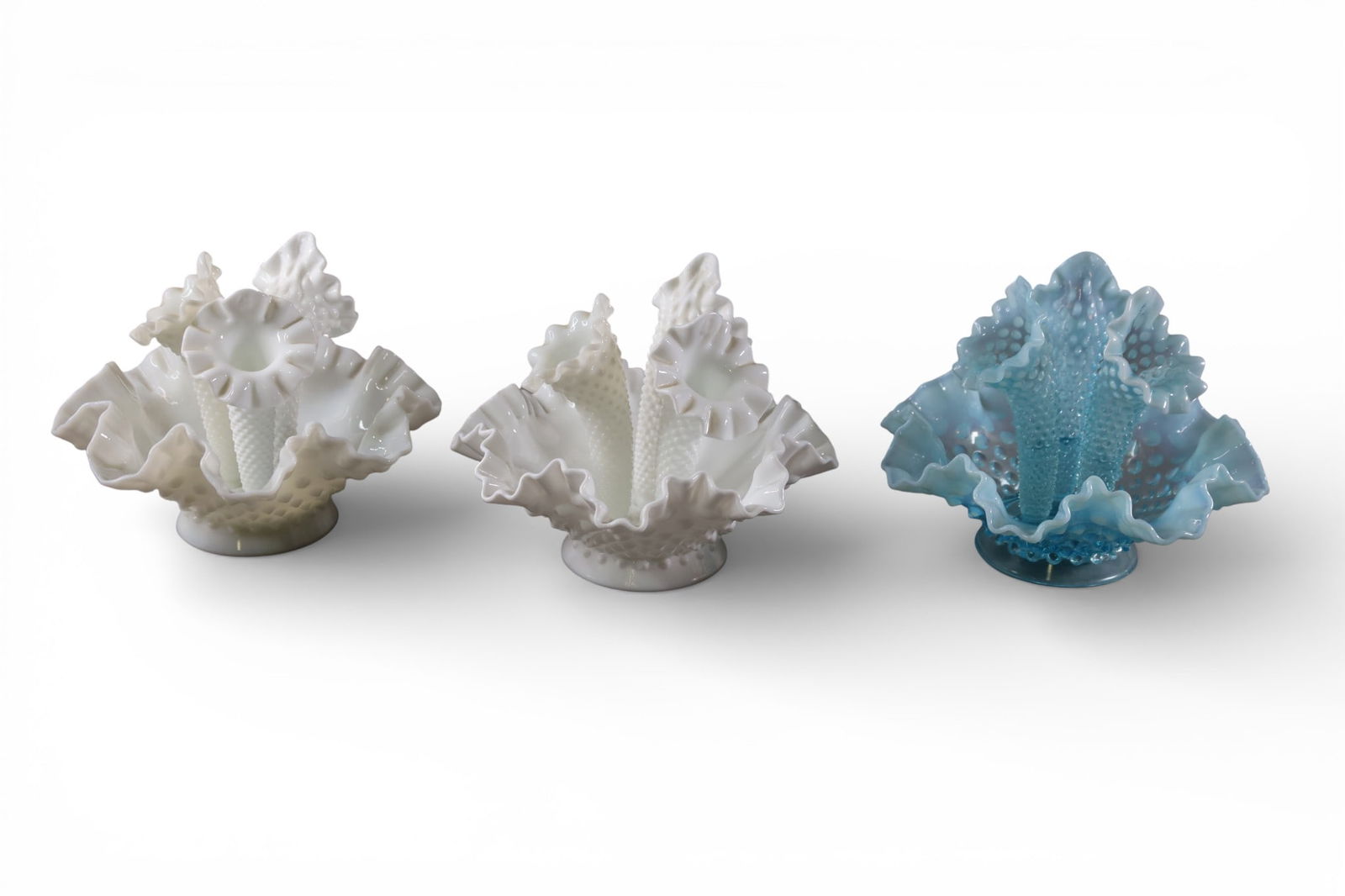 3 FENTON EPERGNES: MILK GLASS & BLUE GLASS EPERGNES, ONE STEM HAS DAMAGE. 8 1/2" W x 6 1/2" H.