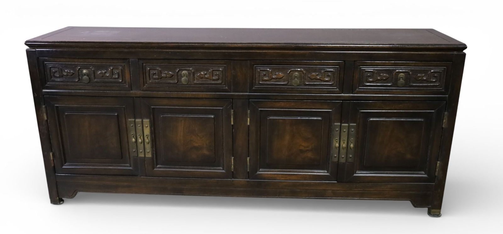 CHINESE MOTIF CREDENZA: CHINESE HARDWOOD CREDENZA, FOOR DOOR, FOUR DRAWER, SURFACE SCRATCHES. 72" L x 19" D x 31" H. THIS ITEM EXCEEDS SIZE LIMITATIONS FOR IN HOUSE SHIPPING, IT MUST BE PICKED UP IN HOUSE OR SHIPPED VIA 3rd