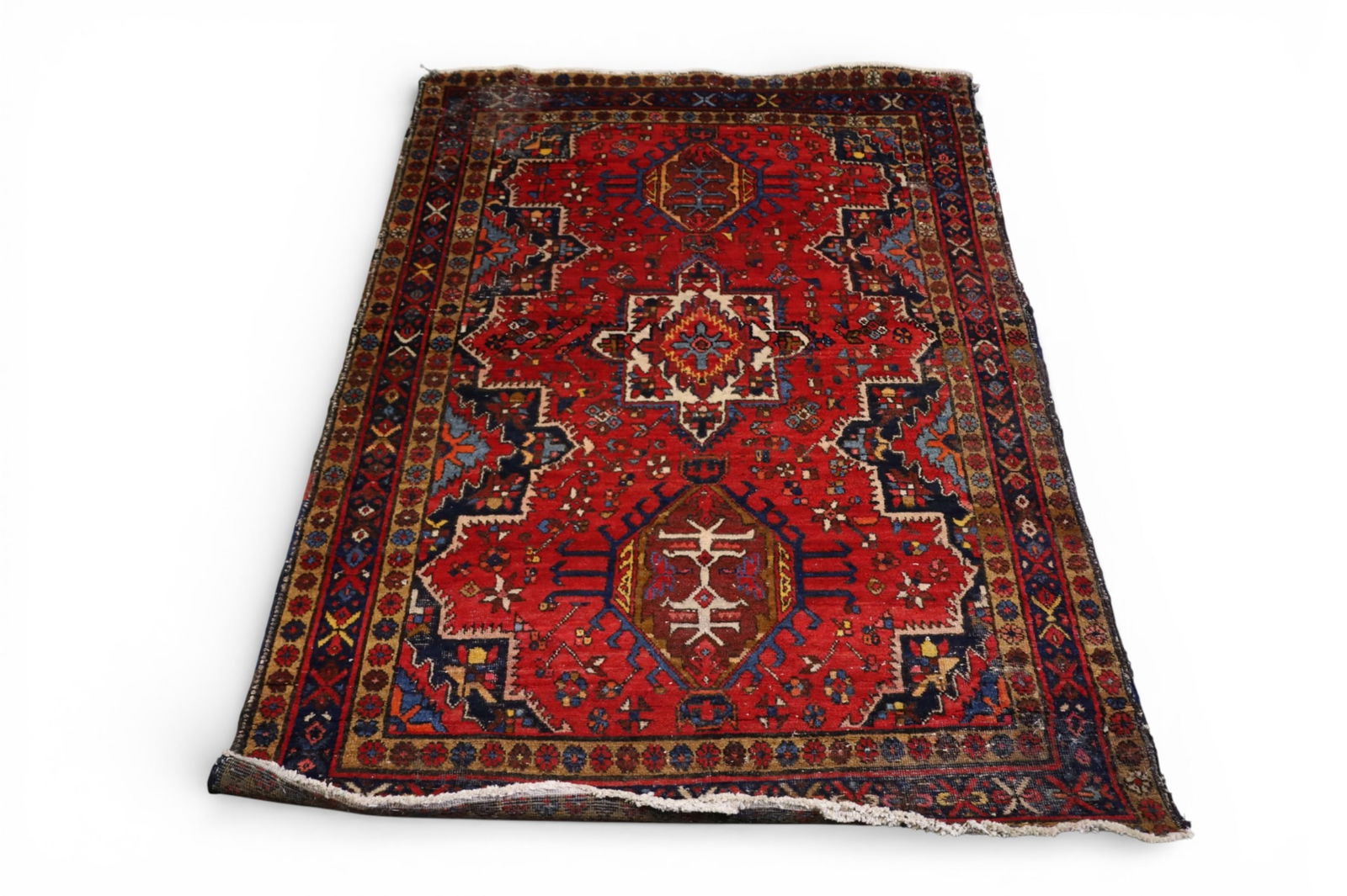 APPROX 3' 11" x 6' 5" HANDMADE WOOL: MOTH DAMAGE.