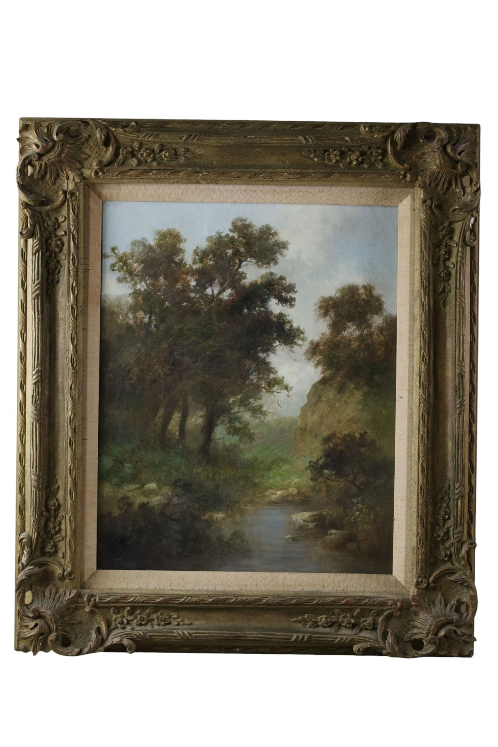 MOUNTAIN LANDSCAPE PAINTING: OIL ON CANVAS, SIGNED LOWER LEFT, (ILLEGIBLE) 16" x 20" IMAGE SIZE / 24" x 28" IN FRAME.