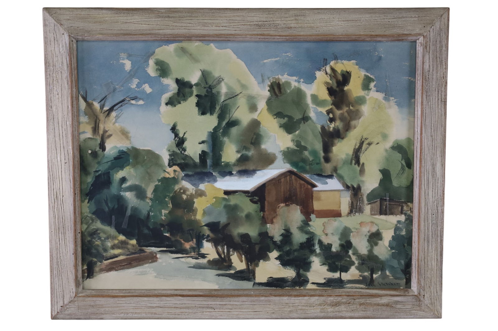 JANE FLETCHER WATERCOLOR: WATERCOLOR, FRAMED UNDER GLASS, FARM SCENE. 34" x 27" IN FRAME.