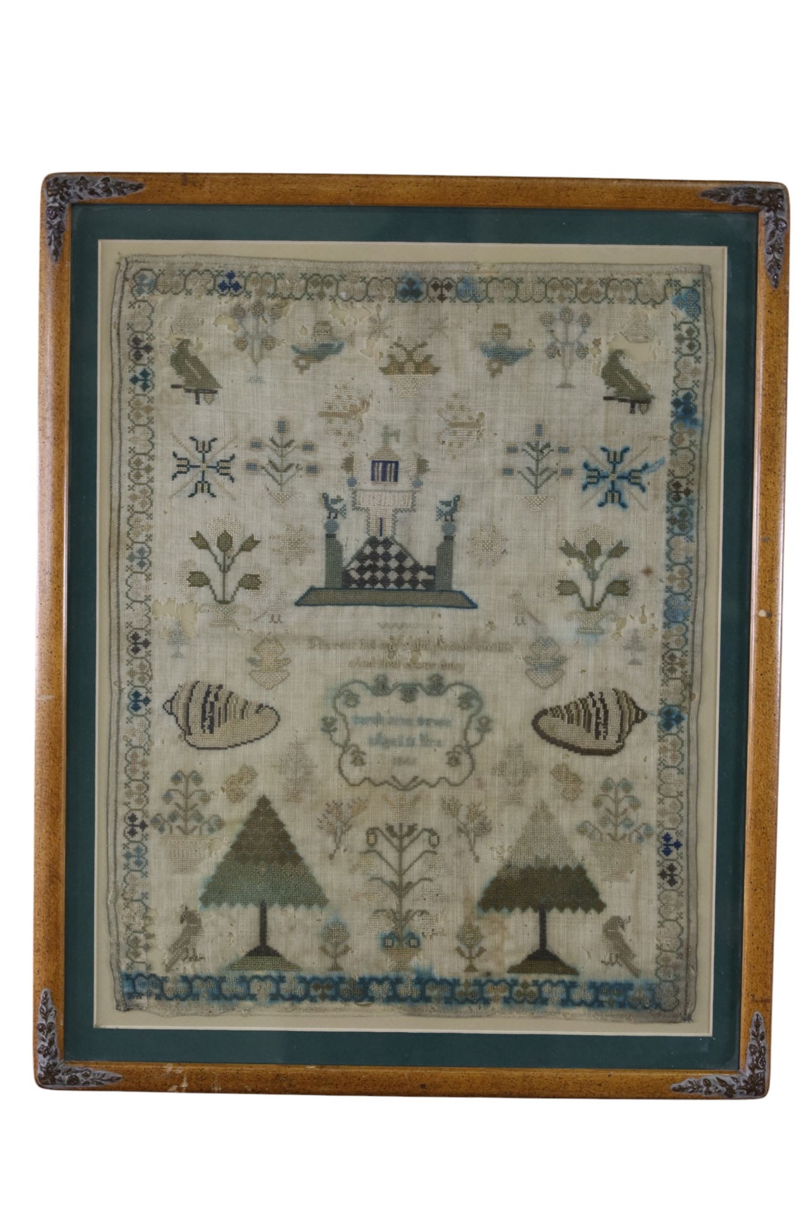 FRAMED 1841 SAMPLER: FRAMED SAMPLER 1841, HOLES, AND BLEEDING. 17" x 21" IN FRAME