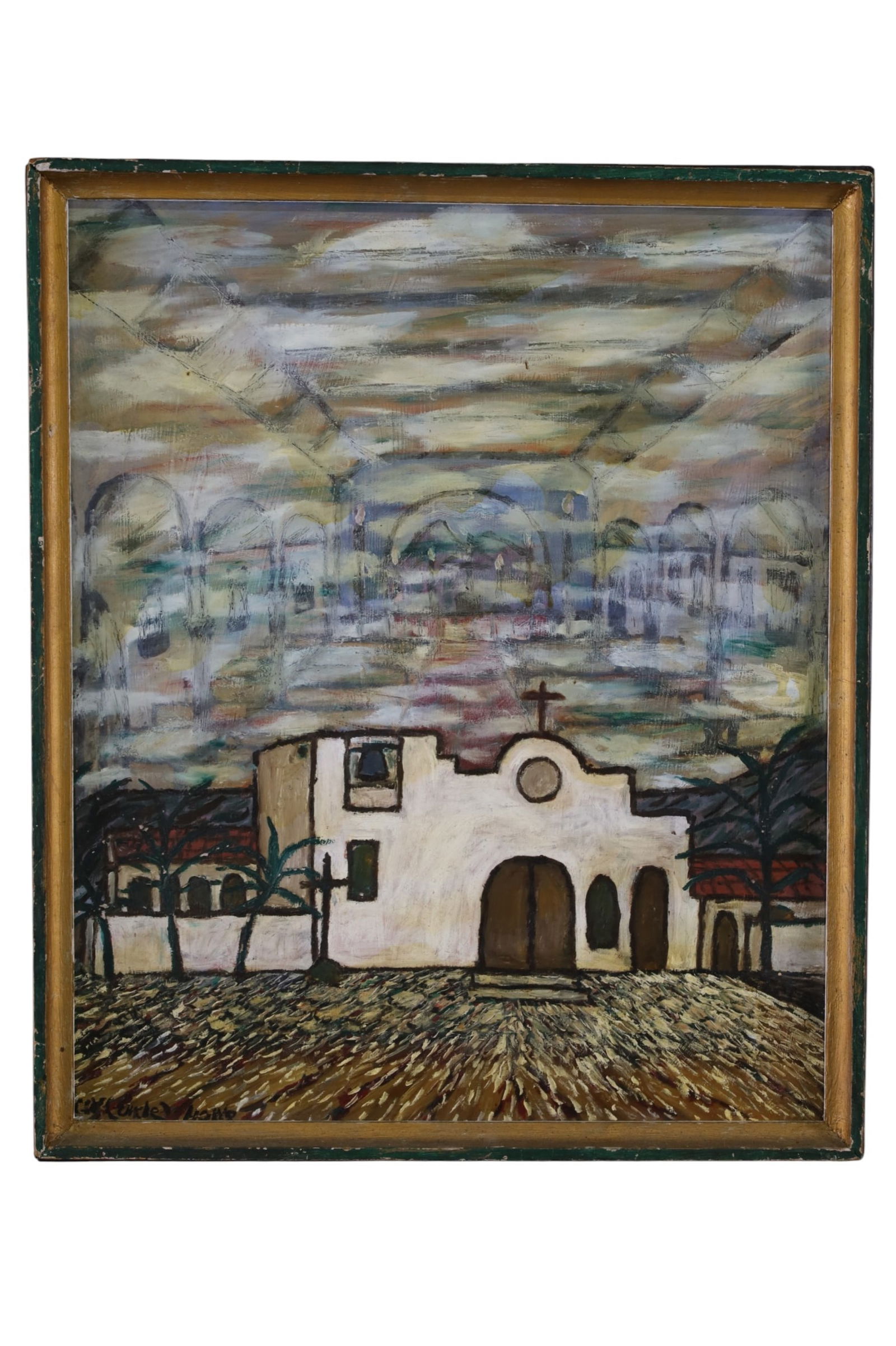 C.W. UNCLE HOWE OIL PAINTING: OIL ON BOARD, MISSION SCENE PAINTING, TITLED ST. PHILLIP'S IN THE HILLS. DATED 1969. 21" x 25" IN FRAME