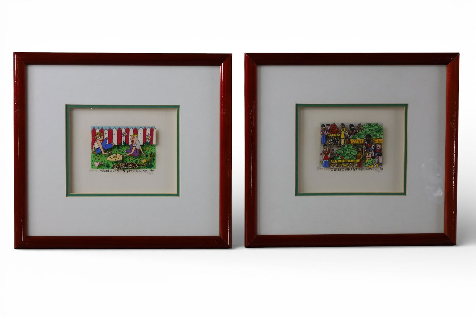 2 JAMES RIZZI 3D LITHOGRAPHS: SIGNED AND NUMBERED, TITLED MARBLES IN YOUR HEAD 275/350 DATED 1990. & TITLED I WISH I HAD A WATERMELON, 275/350, DATED 1990.. 10" X 9" IN FRAME