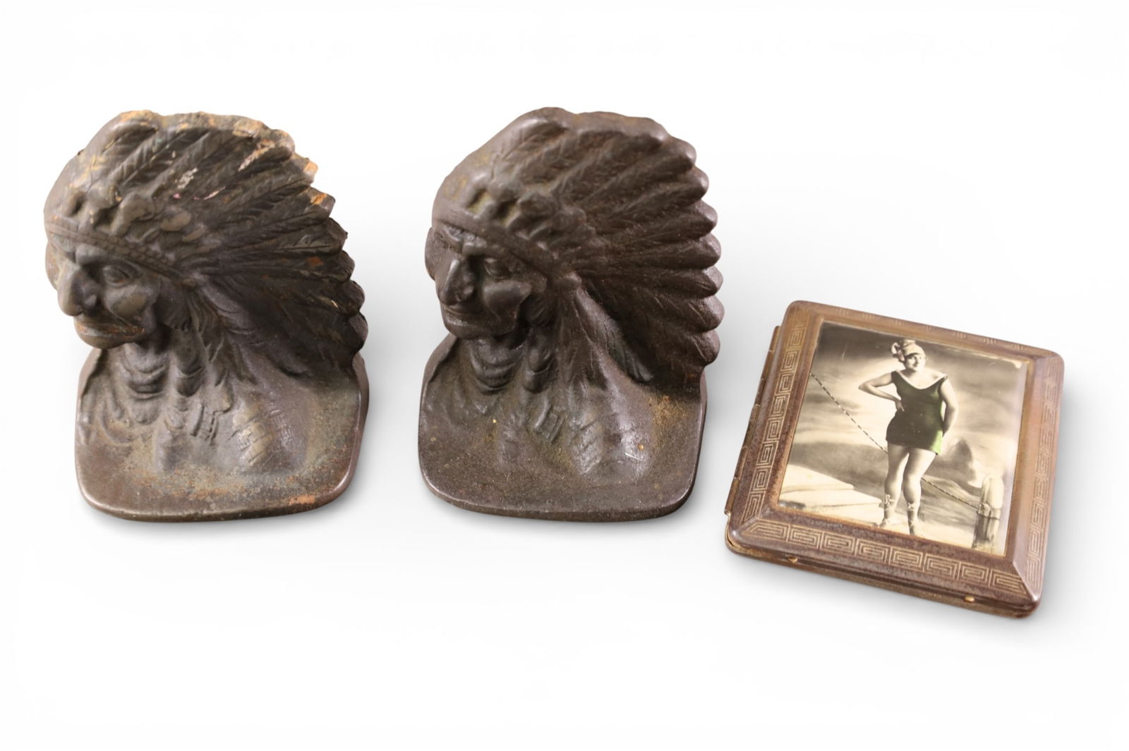 PAIR OF IRON BOOKENDS & CIGARETTE CASE (1 of 5)