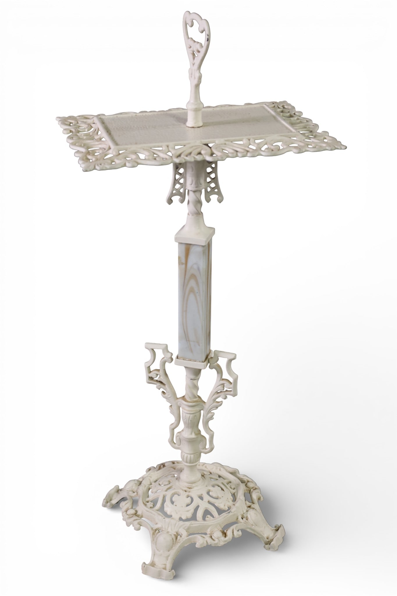 DECO STAND: PAINTED FINISH IRON DECO STAND, 14" W x 10" D x 33" H. THIS ITEM EXCEEDS SIZE LIMITATIONS FOR IN HOUSE SHIPPING, IT MUST BE PICKED UP IN HOUSE OR SHIPPED VIA 3rd PARTY GROUND SHIPPER.