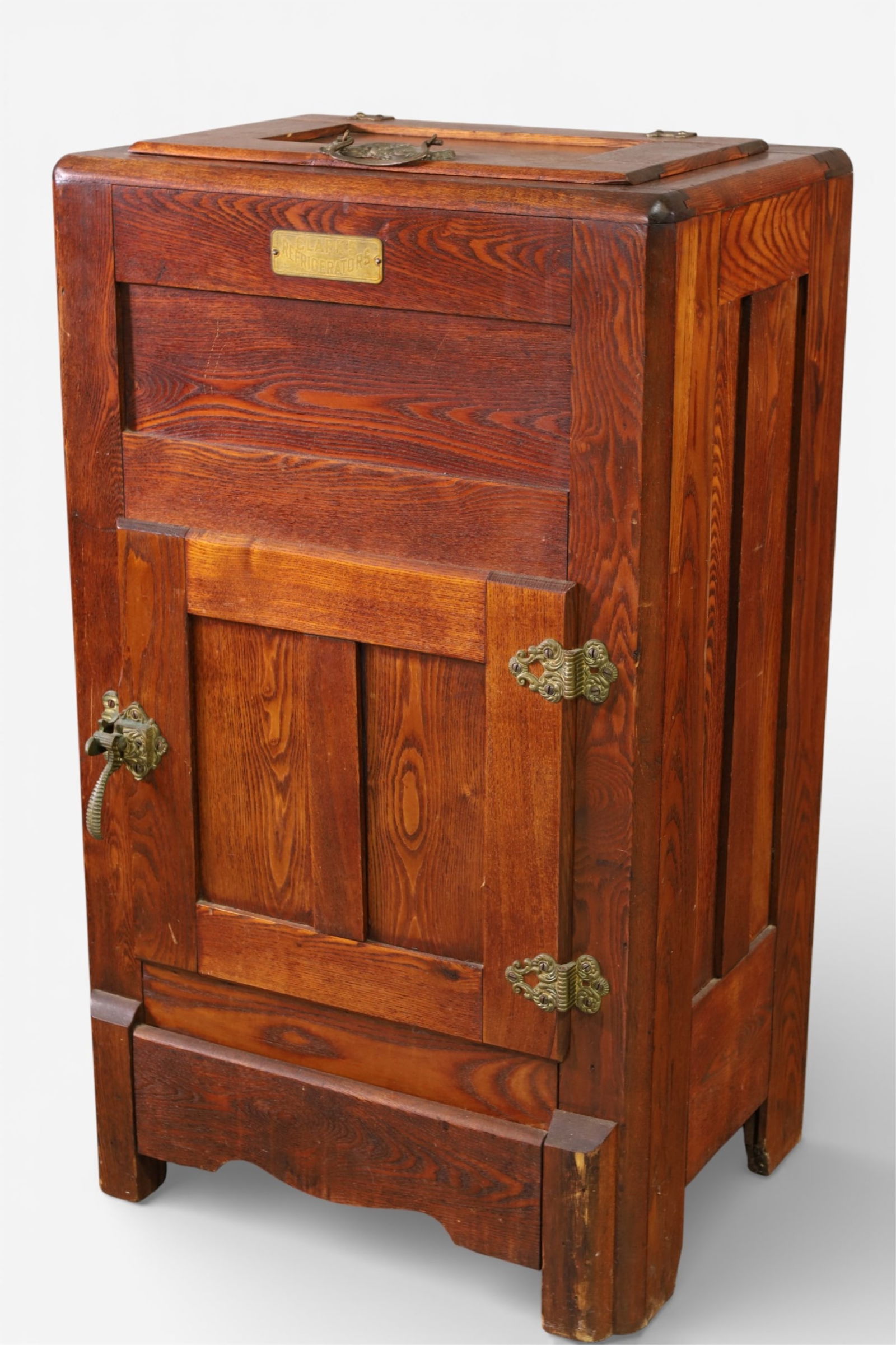 ANTIQUE OAK ICE BOX: CLARK'S OAK ICE BOX, 22" W x 15" D x 38" H. THIS ITEM EXCEEDS SIZE LIMITATIONS FOR IN HOUSE SHIPPING, IT MUST BE PICKED UP IN HOUSE OR SHIPPED VIA 3rd PARTY GROUND SHIPPER.