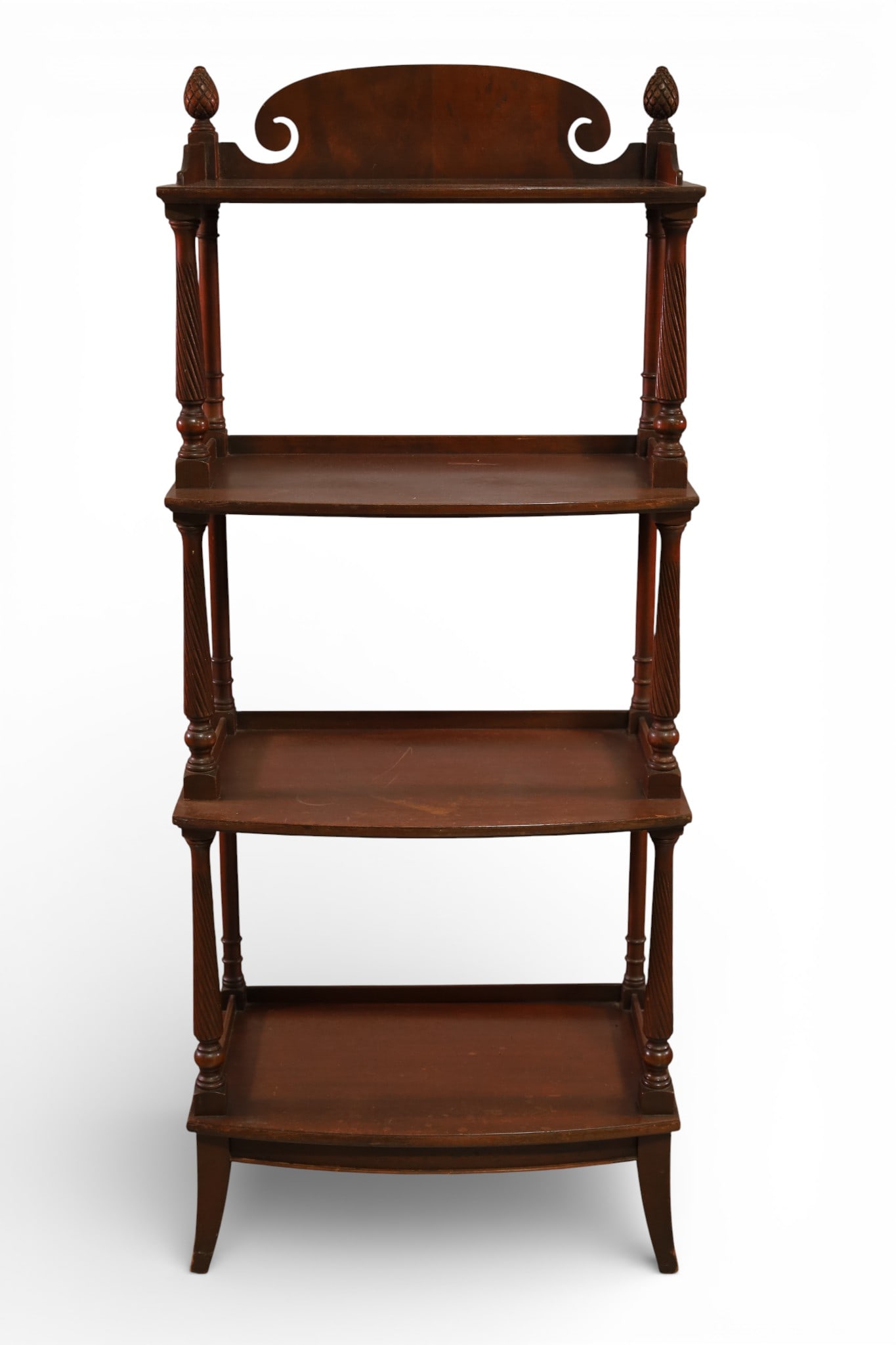 MAHOGANY WHAT NOT SHELF: FOUR SHELF MAHOGANY WHAT NOT SHELF. WEAR TO FINISH. 20" W x 11" D x 48" H. THIS ITEM EXCEEDS SIZE LIMITATIONS FOR IN HOUSE SHIPPING, IT MUST BE PICKED UP IN HOUSE OR SHIPPED VIA 3rd PARTY GROUND SHIPP