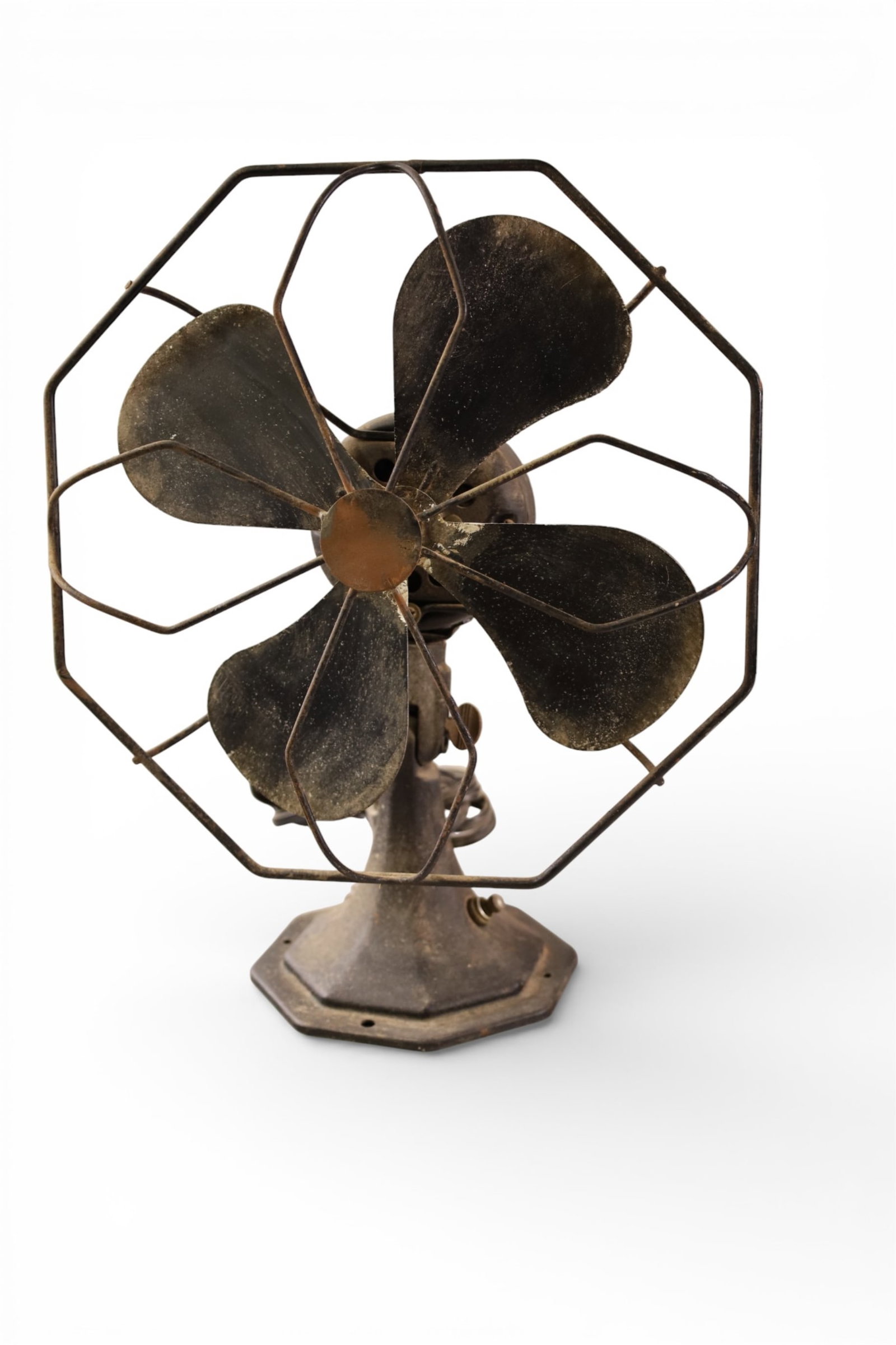 VINTAGE FAN: 11" DIAM x 14" H. SOLD ASIS UNKNOWN WORKING ORDER.