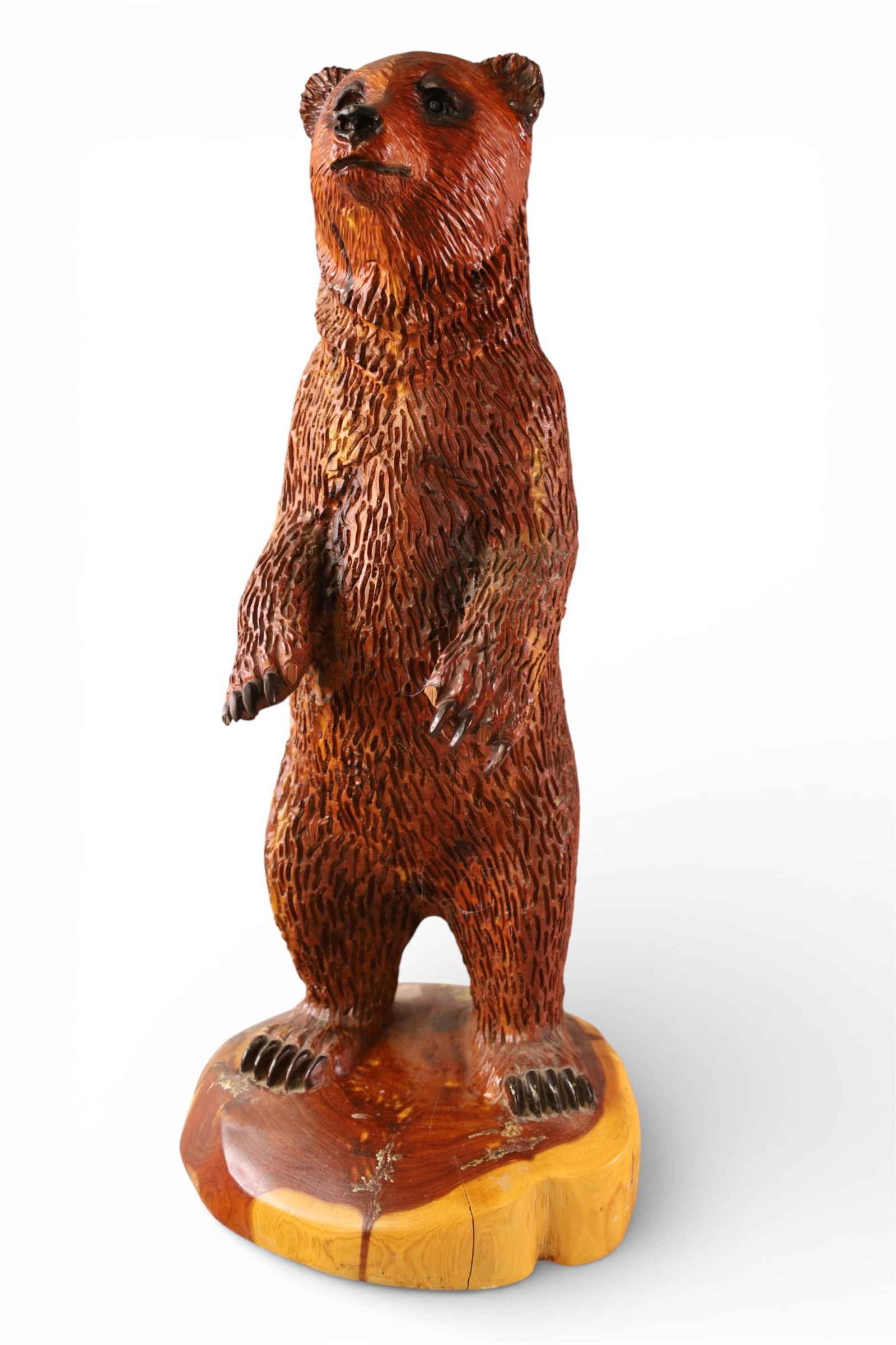 SMALL CARVED WOOD BEAR FIGURE: WOODEN CARVED BEAR, MISSING SOME CLAWS. 23" H.