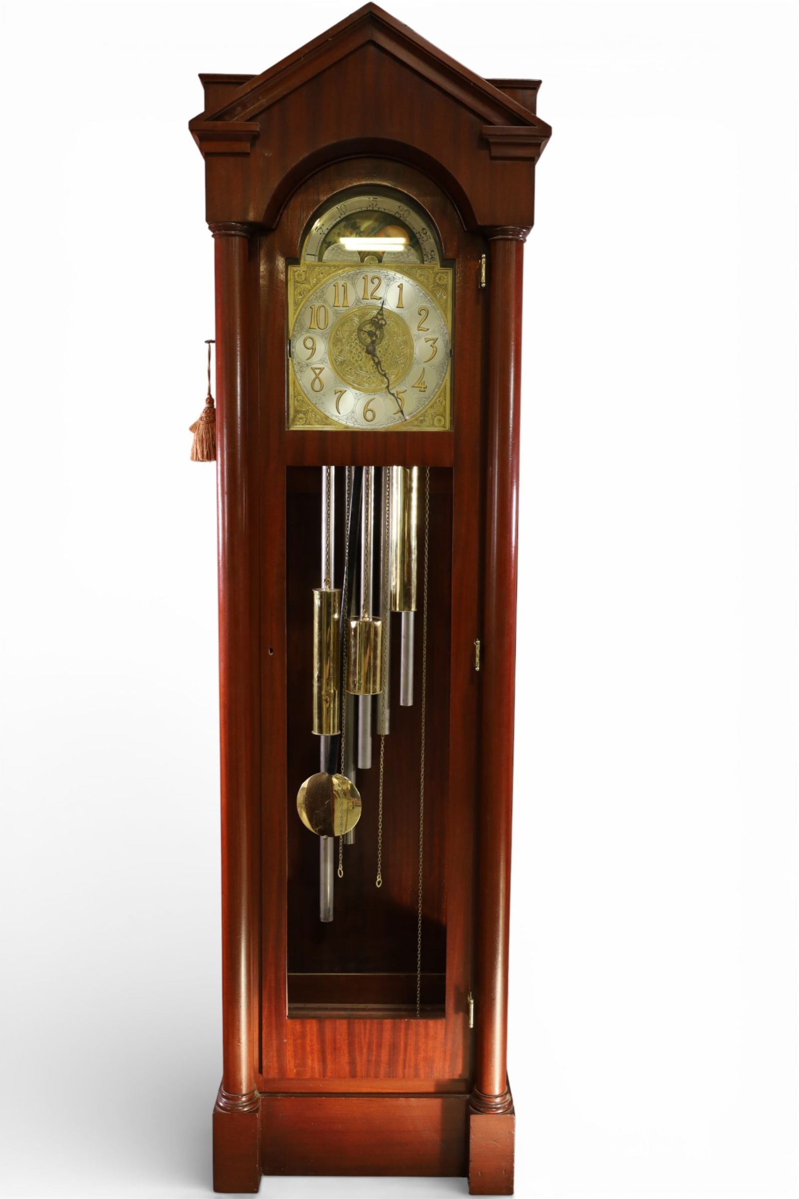 1900'S MAHOGANY GRANDFATHER CLOCK: LARGE 3 WEIGHT GRANDFATHER CLOCK, MOON DIAL FACE, EMPIRE MAHOGANY CASE, WITH KEY. ALL CLOCKS ARE SOLD AS IS WE DO NOT GUARANTEE WORKING ORDER. THIS ITEM EXCEEDS SIZE LIMITATIONS FOR IN HOUSE SHIPPING,