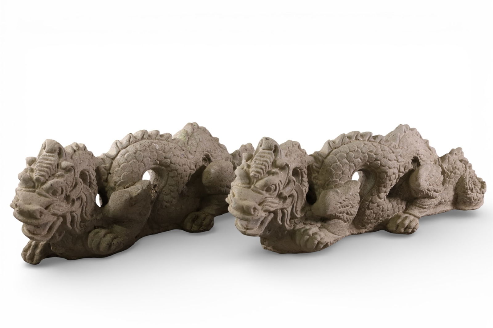 PAIR OF CONCRETE DRAGONS: PAIR OF CONCRETE DRAGONS, YARD ART DRAGONS. 25" L. THIS ITEM EXCEEDS SIZE LIMITATIONS FOR IN HOUSE SHIPPING, IT MUST BE PICKED UP IN HOUSE OR SHIPPED VIA 3rd PARTY GROUND SHIPPER.