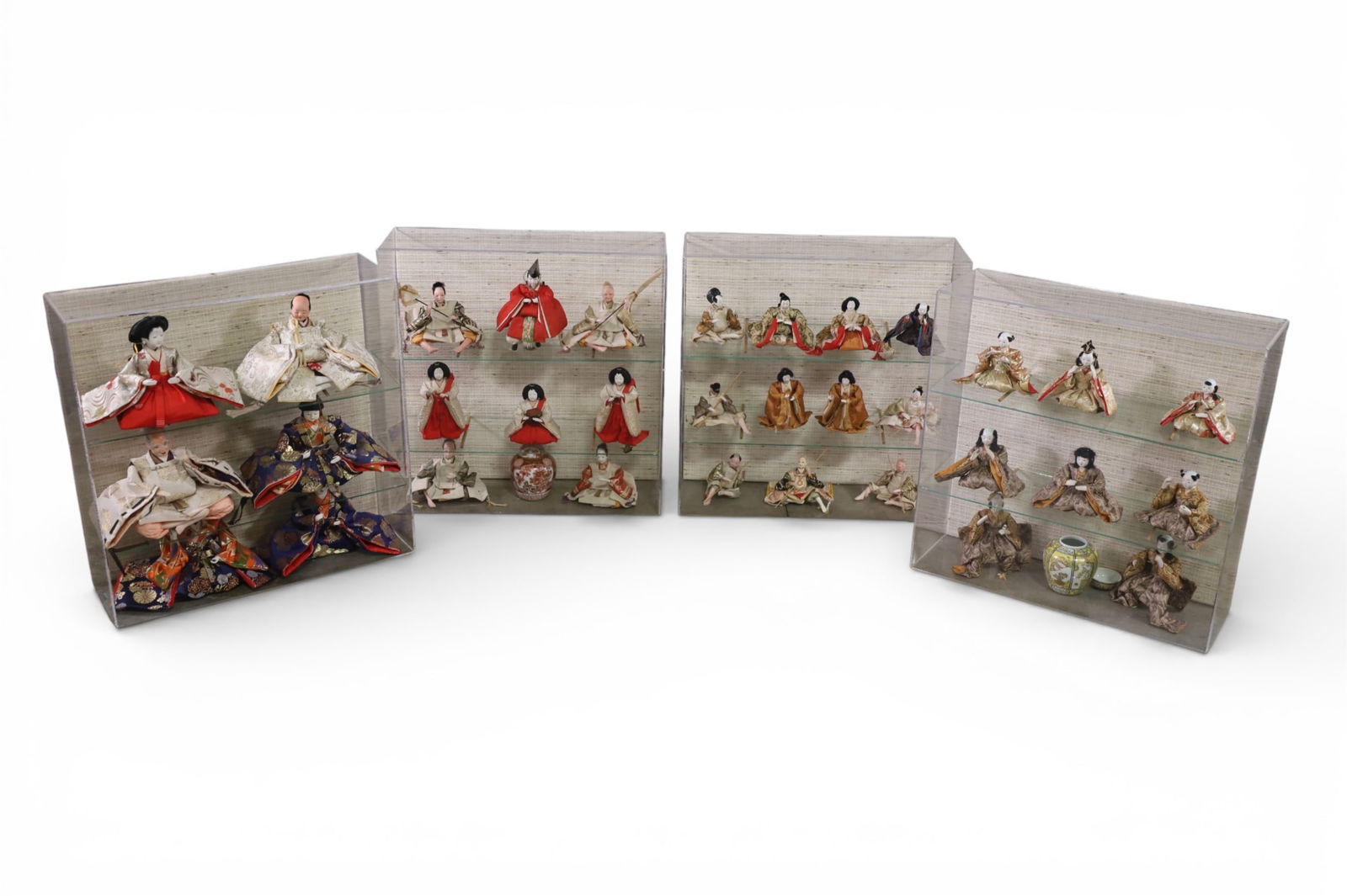 COLLECTION OF JAPANESE DOLLS: COLLECTION OF 34 JAPANESE DOLLS IN PLEXI CASES, THIS ITEM EXCEEDS SIZE LIMITATIONS FOR IN HOUSE SHIPPING, IT MUST BE PICKED UP IN HOUSE OR SHIPPED VIA 3rd PARTY GROUND SHIPPER.