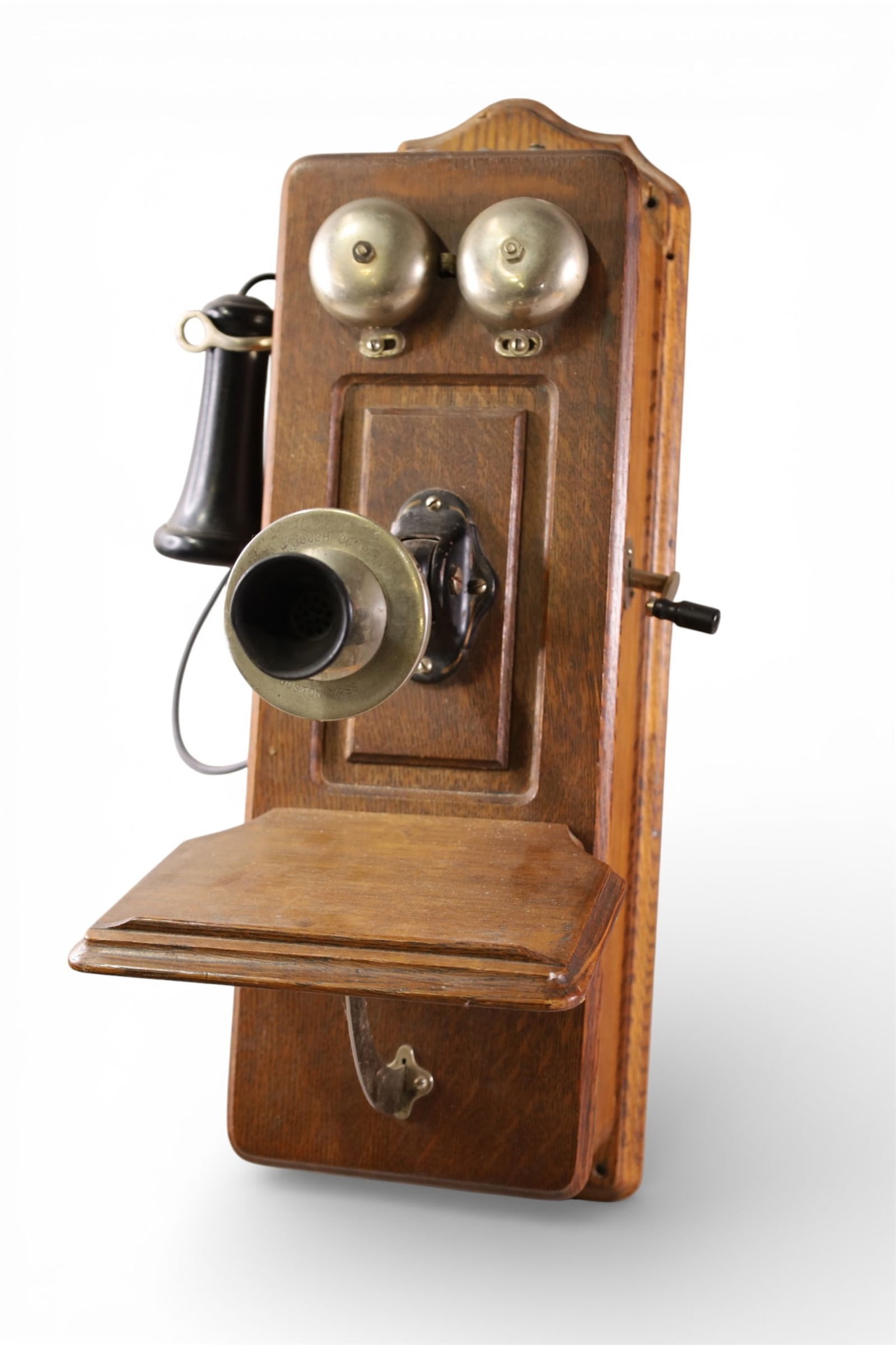 OAK WALL PHONE: ANTIQUE OAK WALL PHONE, 23" H. THIS ITEM EXCEEDS SIZE LIMITATIONS FOR IN HOUSE SHIPPING, IT MUST BE PICKED UP IN HOUSE OR SHIPPED VIA 3rd PARTY GROUND SHIPPER.