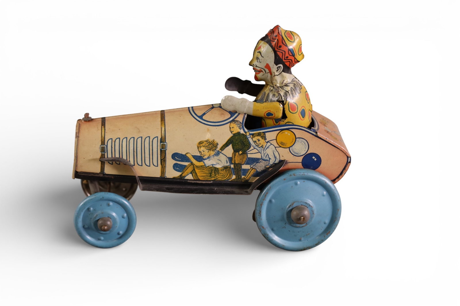 UNIQUE ART KRAZY KAR: UNIQUE ART TIN LITHO WIND UP TOY RACE CAR, KRAZY KAR CLOWN DRIVER.