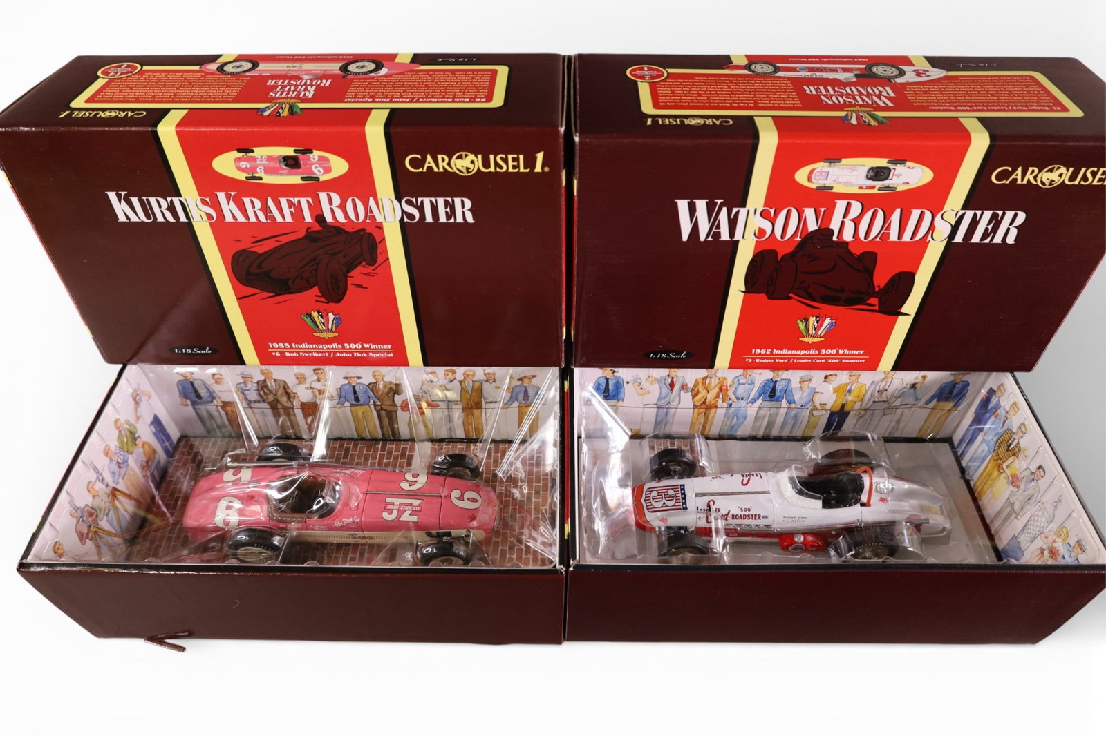 2 CAROUSEL 1 ROADSTERS: 4404 WATSON ROADSTER, & 4501 KURTIS KRAFT, DIE CAST RACECARS. NEW IN BOX.
