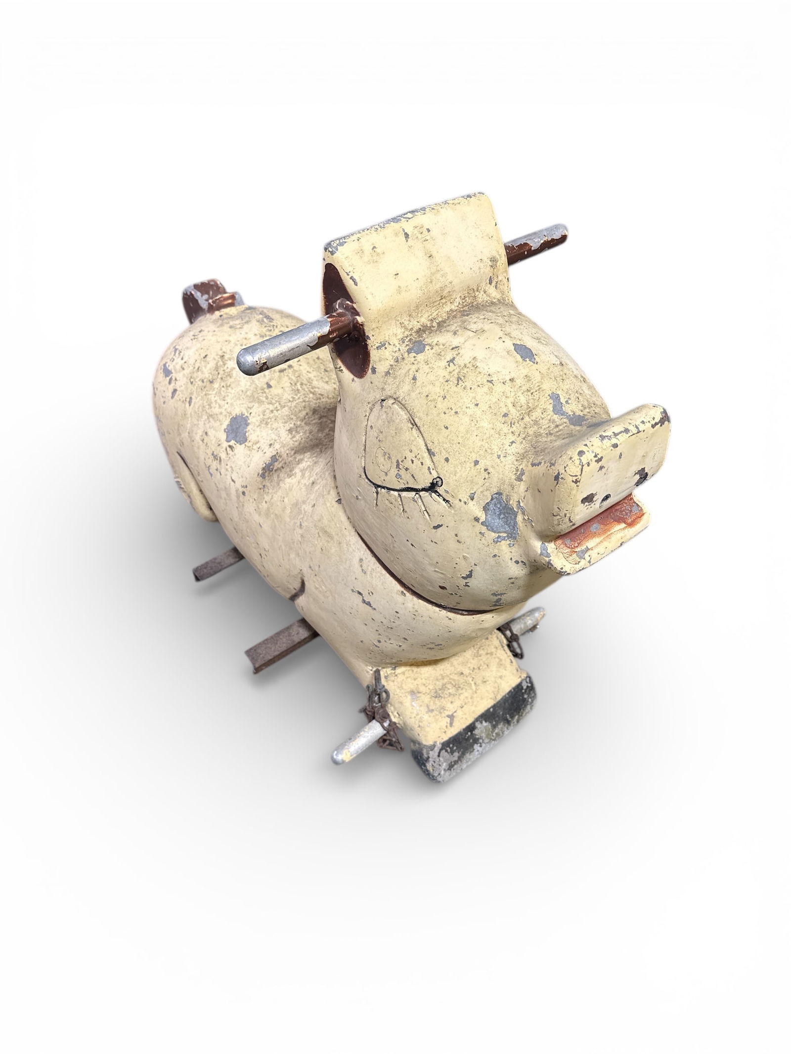 METAL PAINTED KIDDIE RIDE: PIG FORM KIDDIE RIDE, PAINTED METAL. PAINT LOSS RUST. 28" L x 23" H. THIS ITEM EXCEEDS SIZE LIMITATIONS FOR IN HOUSE SHIPPING, IT MUST BE PICKED UP IN HOUSE OR SHIPPED VIA 3rd PARTY GROUND SHIPPER.