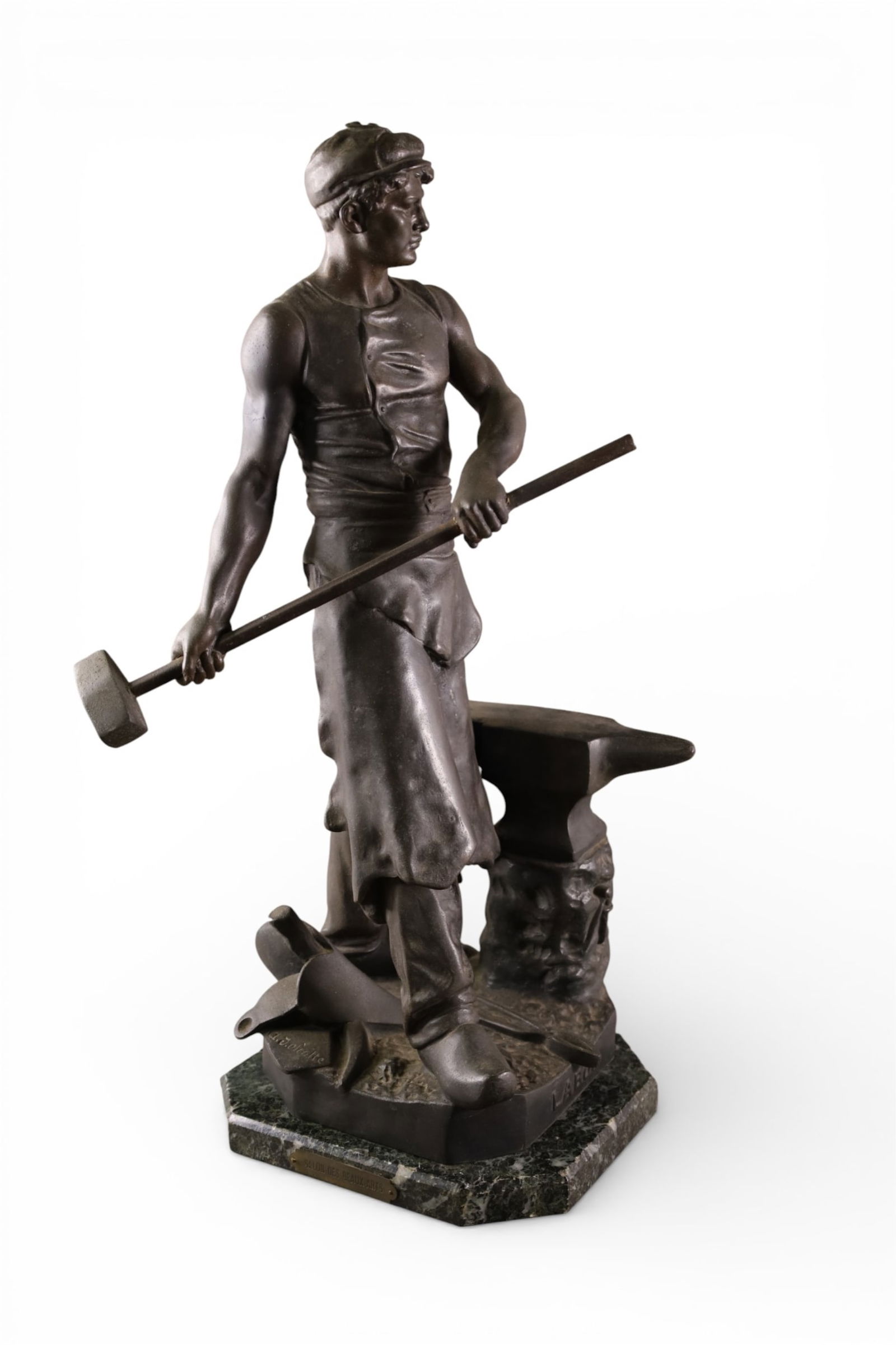 SPELTER STATUE: SPELTER BLACKSMITH FIGURE, ON MARBLE BASE, NOT ATTACHED TO BASE. TITLED LABOR. HAS A CRACK. 24" H.