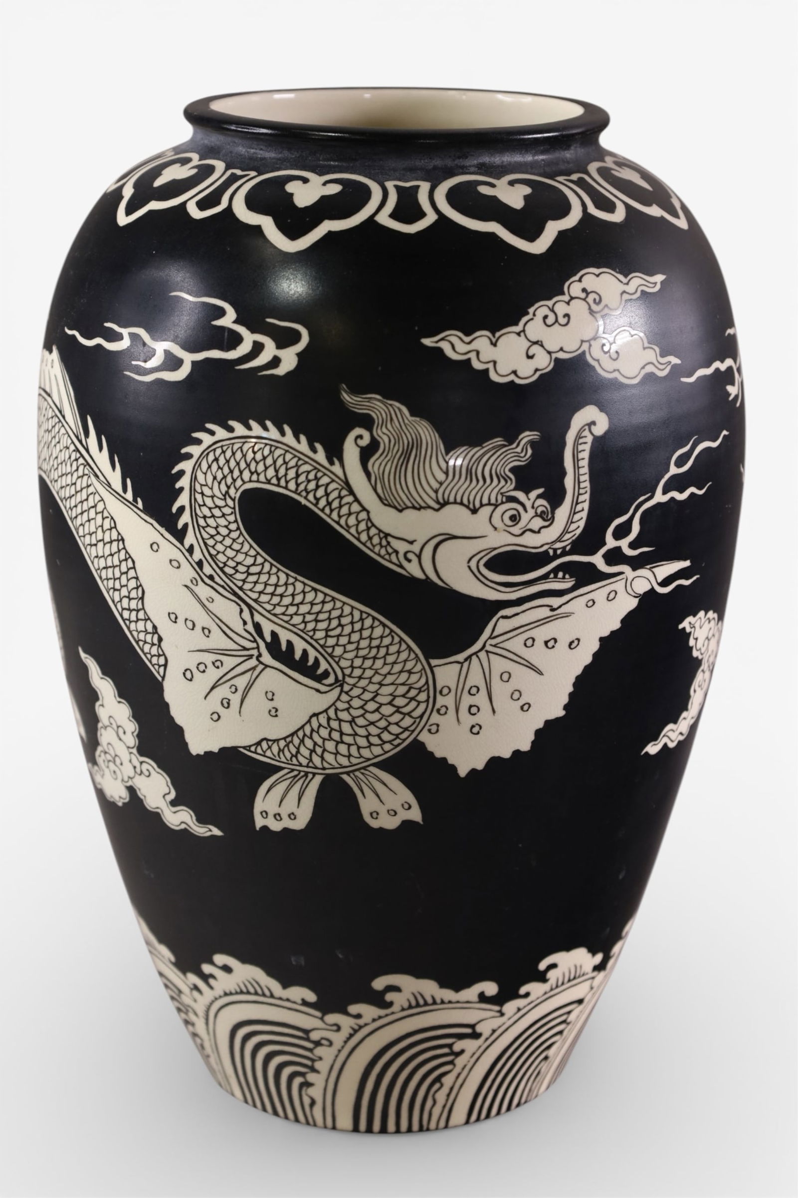 SATSUMA VASE: BLACK AND WHITE DRAGON DESIGN SATSUMA VASE, SIGNED, 12 1/2" H.