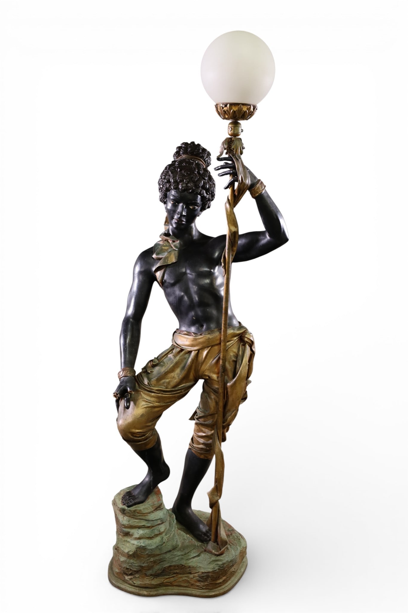 BLACKAMOOR FLOORLAMP: LARGE COMPOSITION & PAINTED FINISH BLACKAMOOR FLOOR LAMP, BREAKS TO FINGERS, PAINT LOSS. 66" H. THIS ITEM EXCEEDS SIZE LIMITATIONS FOR IN HOUSE SHIPPING, MUST BE PICKED UP IN HOUSE OR SHIPPED VIA